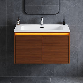 SONNI Waschtisch Badmöbel Set mit Quarz Kunststein Waschbecken, LED Sensorbeleuchtung Push Open Türen 79 x 49,5 x 45 cm