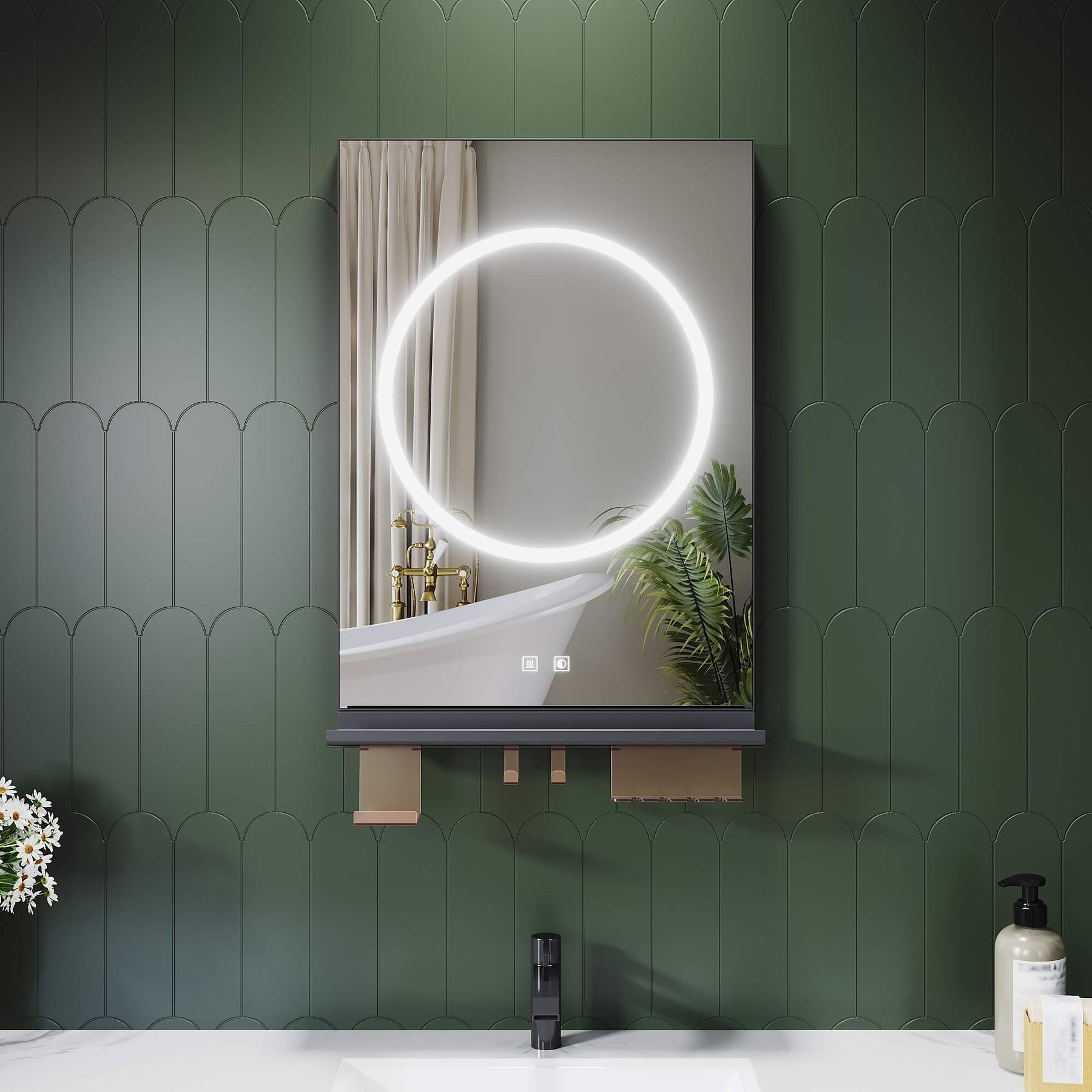 SONNI Badezimmerspiegel mit Beleuchtung 70x50 cm, LED Badspiegel mit Ablage, 3 einstellbare Lichtfarbe + Anti-Beschlag + Touchschalter, Ablage mit Handyhalter + Haken + Zahnbürstenhalter