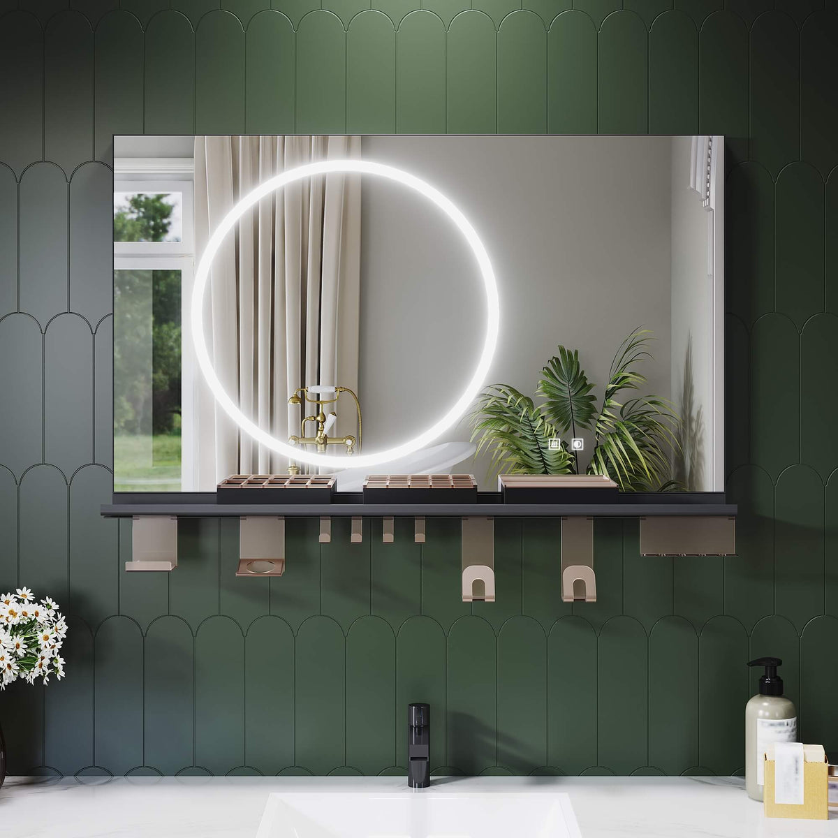 SONNI Badezimmerspiegel mit Beleuchtung 100x60 cm, LED Badspiegel mit Ablage, 3 einstellbare Lichtfarbe + Anti-Beschlag + Touchschalter, Ablage mit Handyhalter + Haken + Zahnbürstenhalter