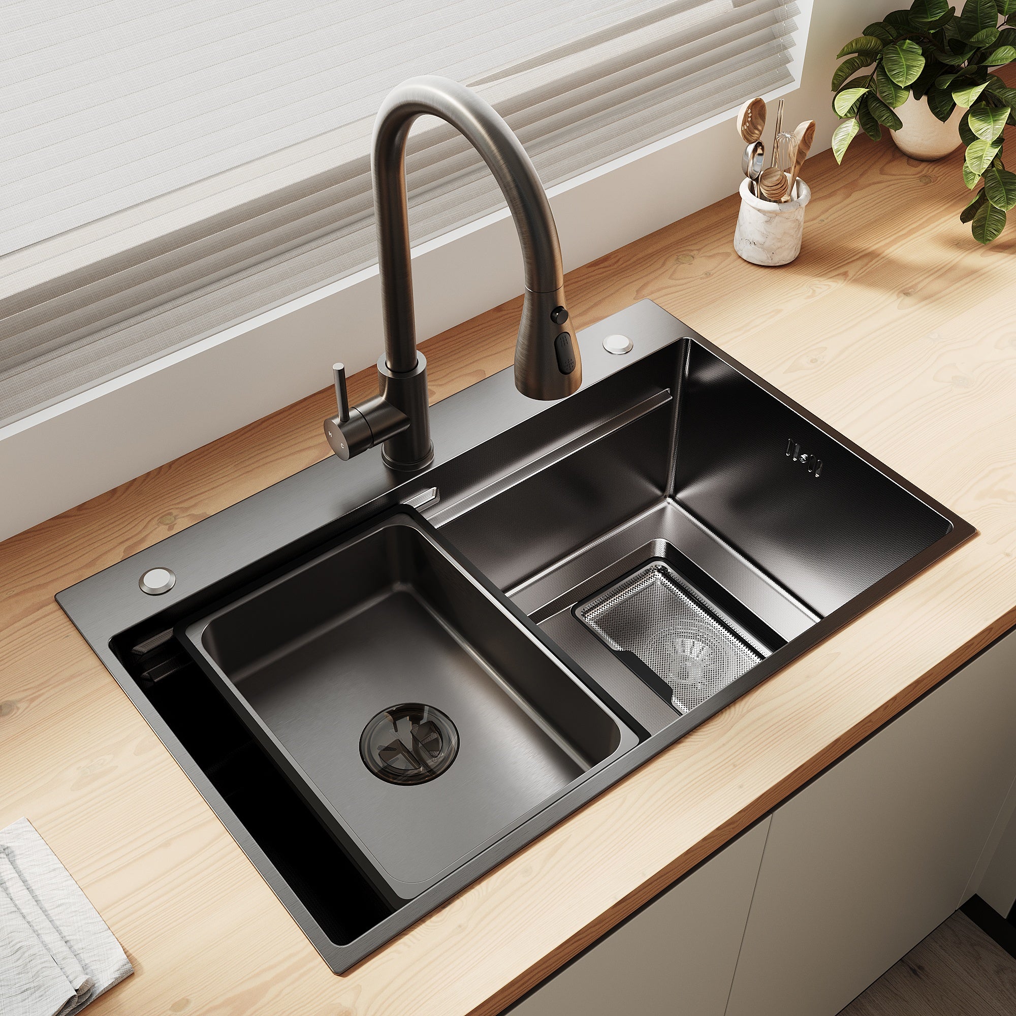SONNI Spülbecken Küchenspüle 304 Edelstahl Waschbecken 70×45 cm, Einbauspüle mit 1 Becken,Wasserhahn,Unterbauspüle, Nanosilber/Diamantschwarz, inkl. Abtropfkorb & Abflusssieb, 3-Loch Breitkante