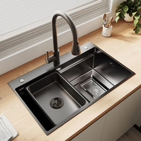 SONNI Spülbecken Küchenspüle 304 Edelstahl Waschbecken 70×45 cm, Einbauspüle mit 1 Becken,Wasserhahn,Unterbauspüle, Nanosilber/Diamantschwarz, inkl. Abtropfkorb & Abflusssieb, 3-Loch Breitkante