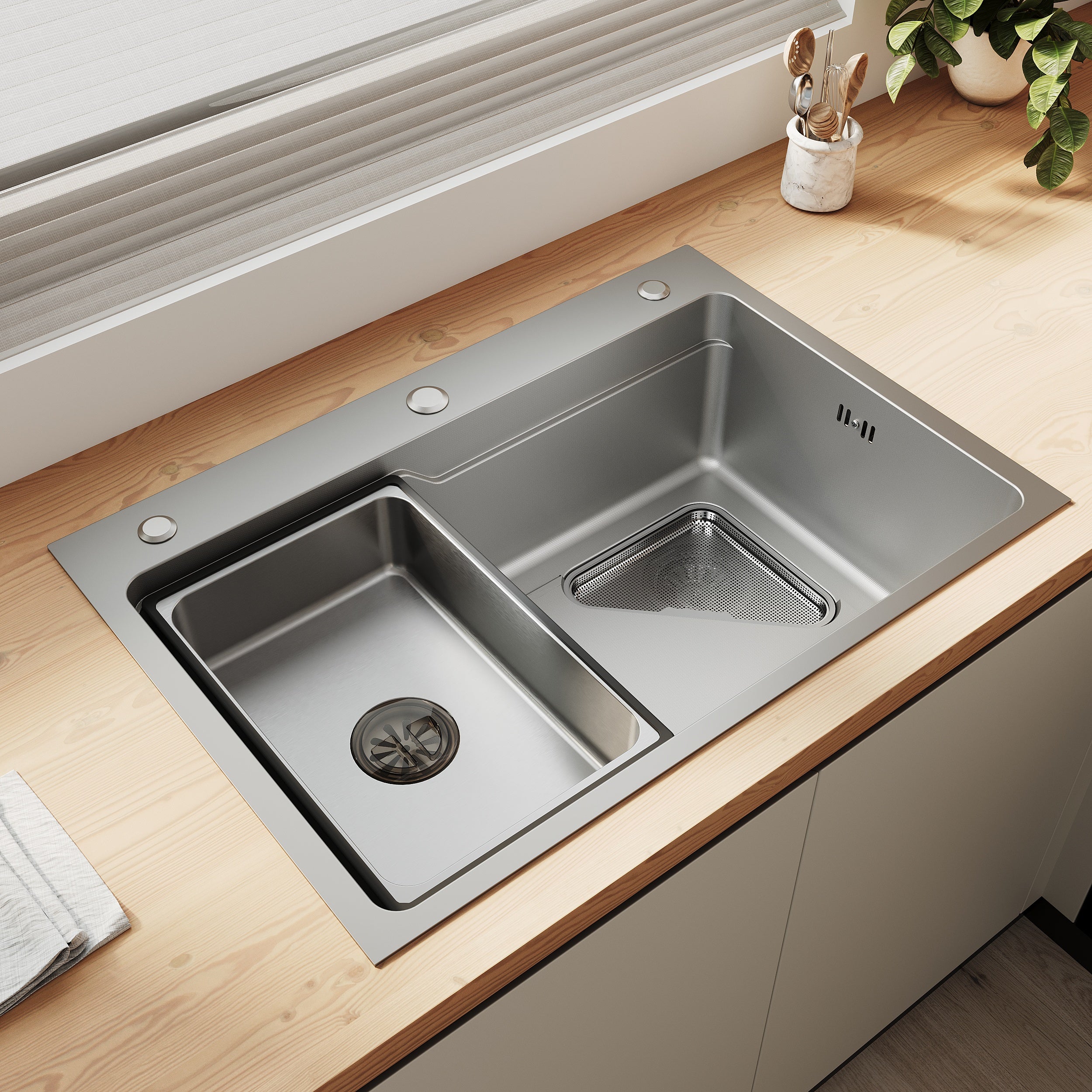 SONNI Waschbecken Küchenspüle 304 SUS Edelstahl, 70×48 cm, Einbauspüle mit 1 Becken, Unterbauspüle, mit Abtropfkorb und Dreieckigem Abfallsieb, 3-Loch Breitkante - Sonni Sanitär GmbH