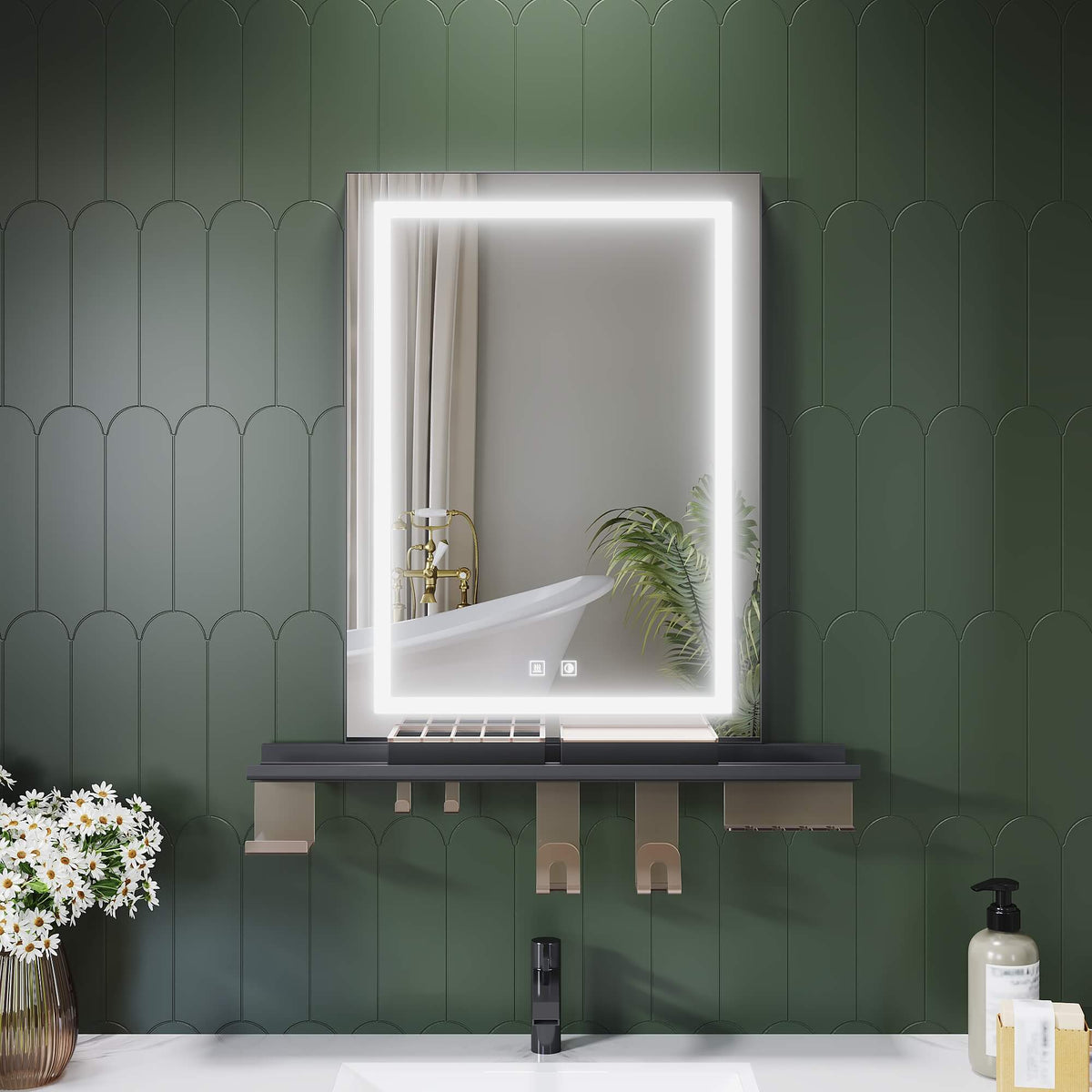 SONNI Badspiegel mit Beleuchtung 50x70cm mit Ablage, Touch Badezimmerspiegel 3 Lichtfarben, Anti-Beschlag & Gedächtnisfunktion