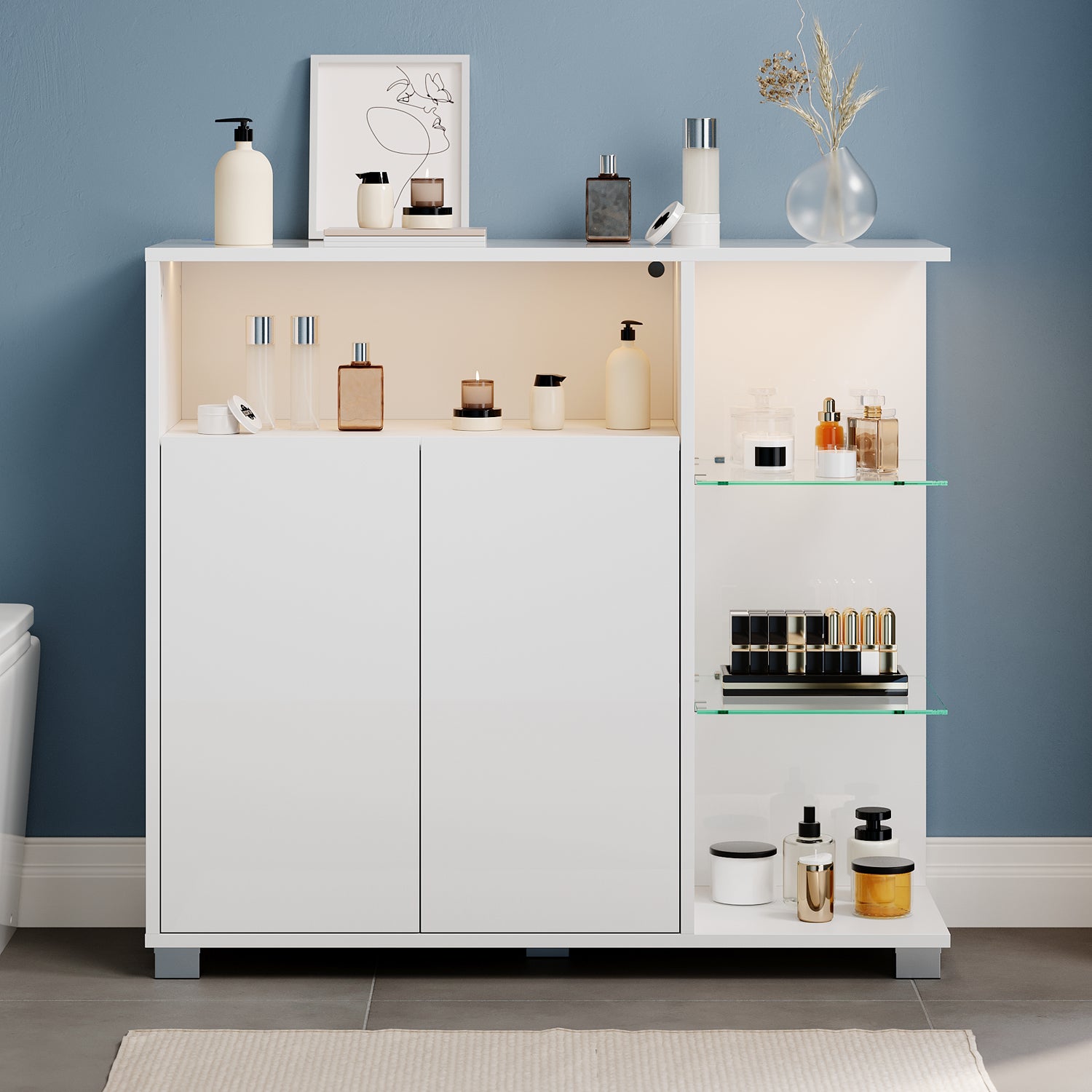 SONNI Waschtisch mit Touch-LED, weißer Unterschrank mit offener rechter Seite, Doppeltüren und ausziehbarem Einlegeboden, 90 x 30 x 82 cm Weiß