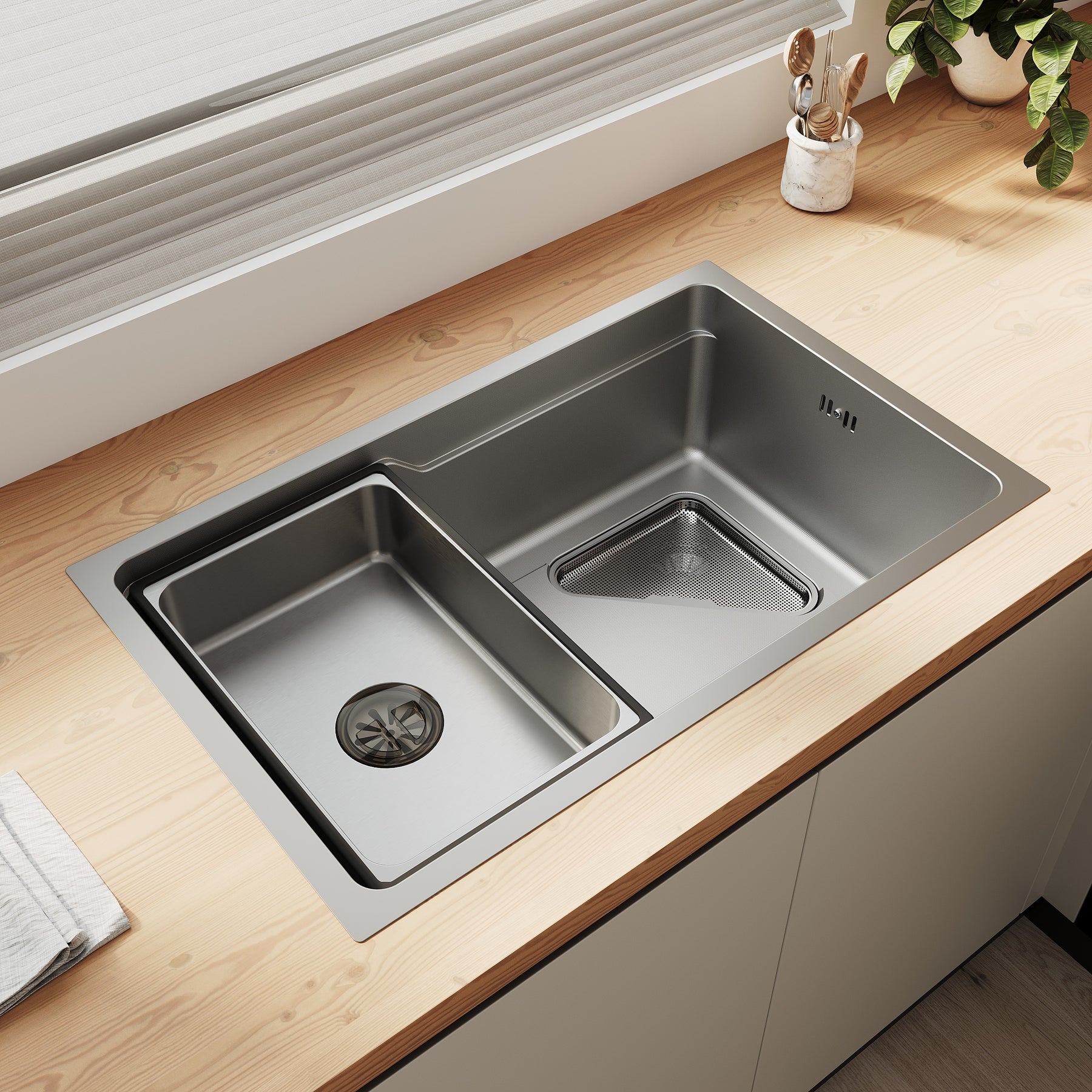 SONNI Waschbecken Küchenspüle 304 SUS Edelstahl, 70×43 cm, Einbauspüle mit 1 Becken, Unterbauspüle, mit Abtropfkorb und Dreieckigem Abfallsieb, Schmale Seite - Sonni Sanitär GmbH