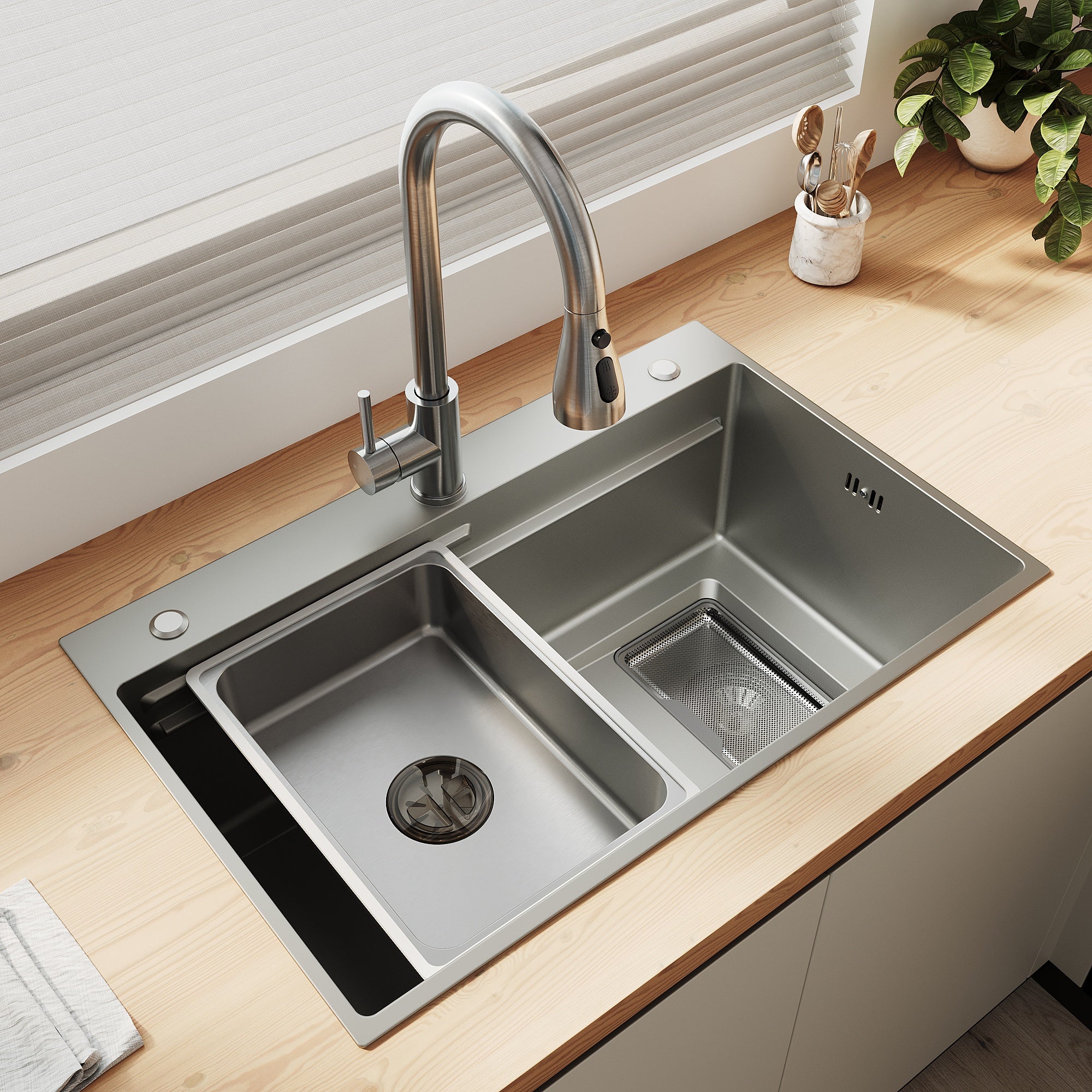 SONNI Spülbecken Küchenspüle 304 Edelstahl Waschbecken 70×45 cm, Einbauspüle mit 1 Becken,Wasserhahn,Unterbauspüle, Nanosilber/Diamantschwarz, inkl. Abtropfkorb & Abflusssieb, 3-Loch Breitkante