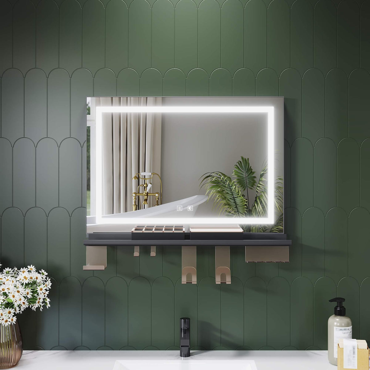 SONNI Badspiegel mit Beleuchtung 70x50cm + Ablage, Touch Badezimmerspiegel 3 Lichtfarben, Anti-Beschlag & Gedächtnisfunktion