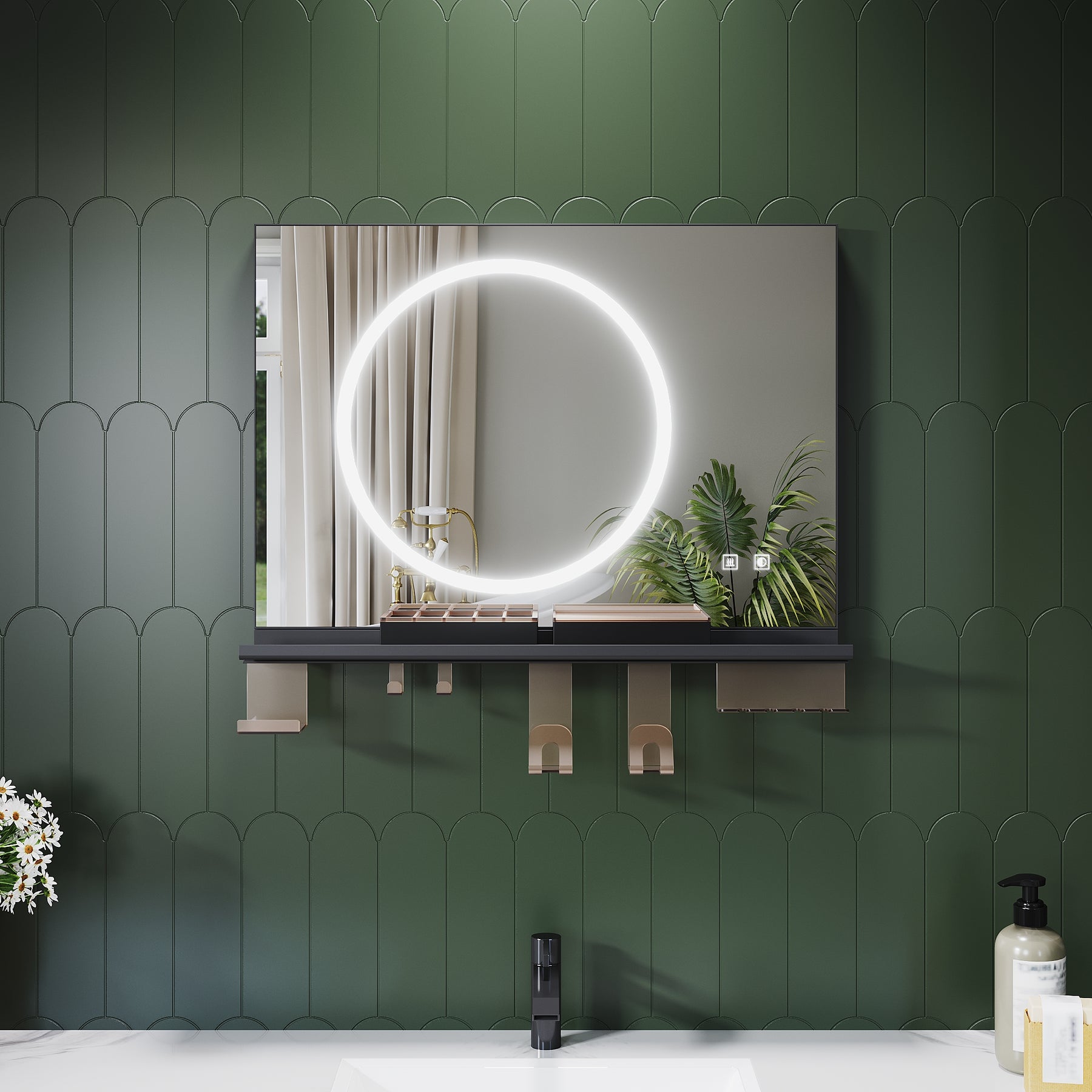 SONNI Badezimmerspiegel mit Beleuchtung 70x50 cm, LED Badspiegel mit Ablage, 3 einstellbare Lichtfarbe + Anti-Beschlag + Touchschalter, Ablage mit Handyhalter + Haken + Zahnbürstenhalter