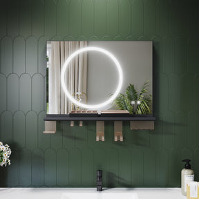 SONNI Badezimmerspiegel mit Beleuchtung 70x50 cm, LED Badspiegel mit Ablage, 3 einstellbare Lichtfarbe + Anti-Beschlag + Touchschalter, Ablage mit Handyhalter + Haken + Zahnbürstenhalter