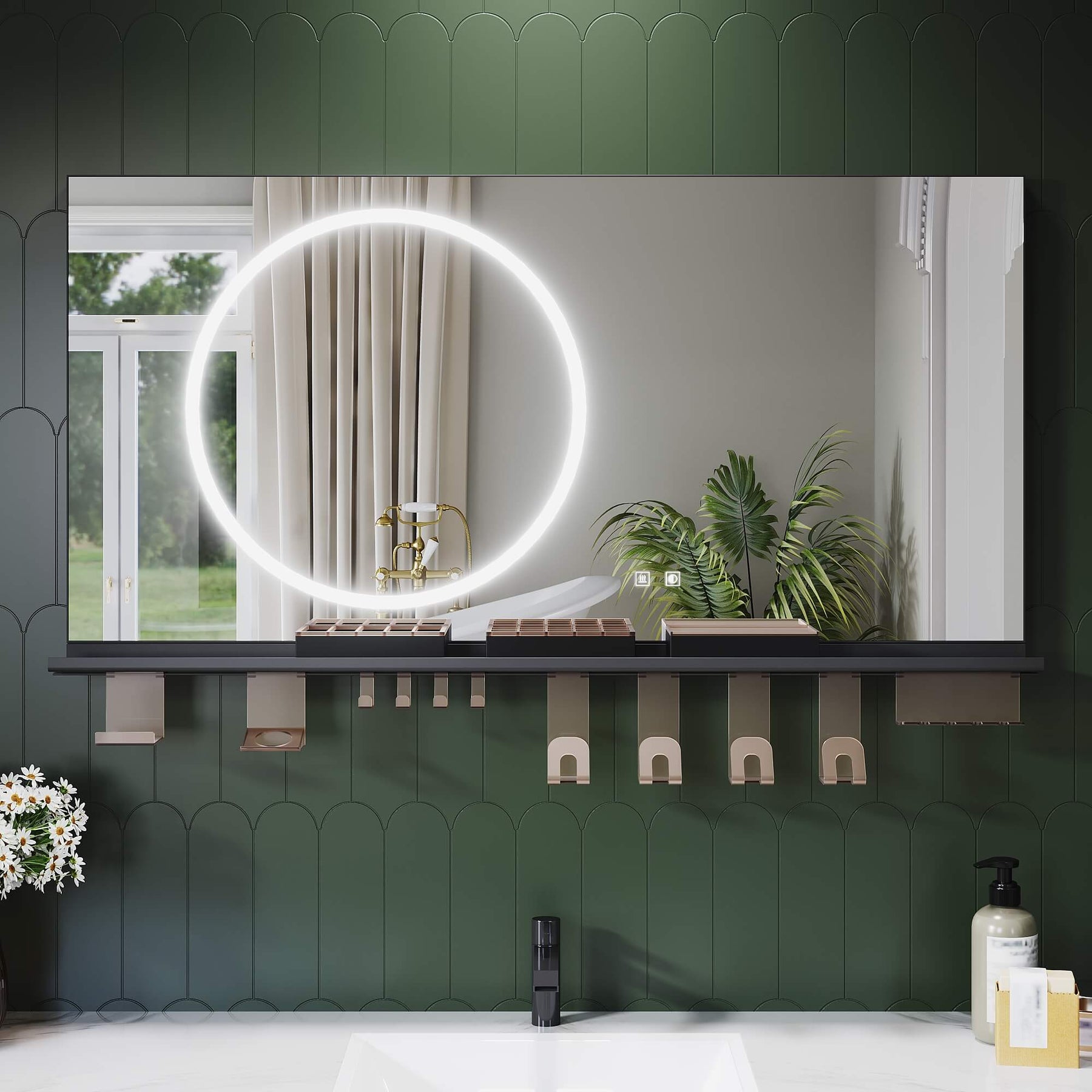 SONNI Badezimmerspiegel mit Beleuchtung 120x60 cm, LED Badspiegel mit Ablage, 3 einstellbare Lichtfarbe + Anti-Beschlag + Touchschalter, Ablage mit Handyhalter + Haken + Zahnbürstenhalte