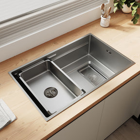 SONNI Küchenspüle Waschbecken Edelstahl 304, Nanosilber/Diamantschwarz, 70x44 cm, Einbauspüle mit 1 Becken, Unterbauspüle mit Abtropfkorb und Rechteckigem Abfallsieb - Sonni Sanitär GmbH