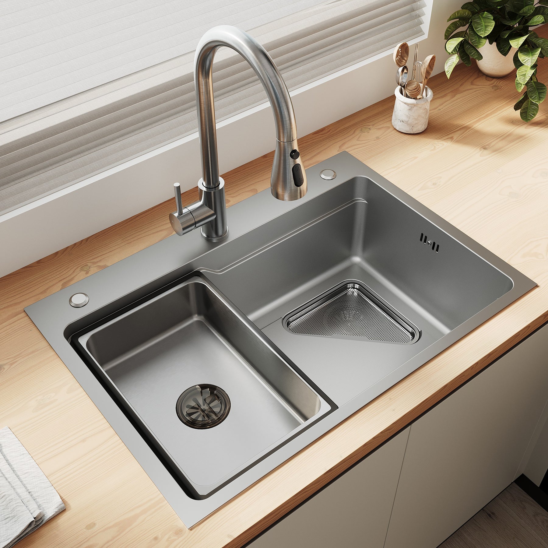 SONNI Waschbecken Küchenspüle 304 SUS Edelstahl, 70×48 cm, Einbauspüle mit 1 Becken,Wasserhahn,Unterbauspüle, mit Abtropfkorb und Dreieckigem Abfallsieb, 3-Loch Breitkante