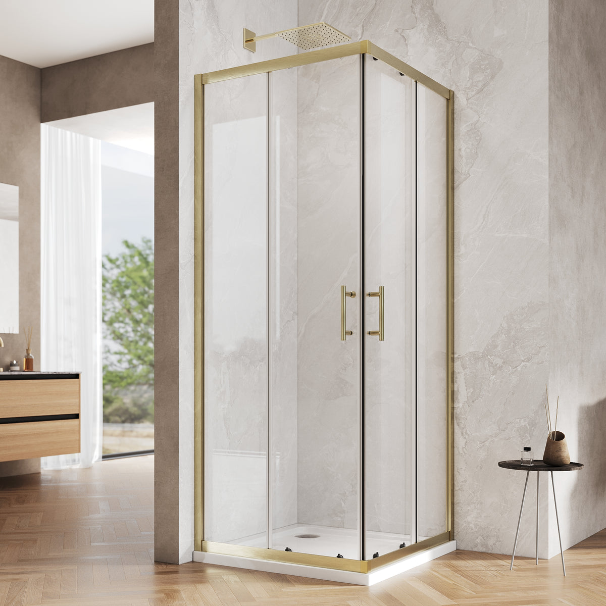 SONNI Duschkabine Eckeinstieg mit Schiebetür, gebürstetes Gold, 5mm ESG Sicherheitsglas, Aluminiumrahmen, 70-90 cm, Höhe 190cm, ohne Duschtasse - Sonni Sanitär GmbH