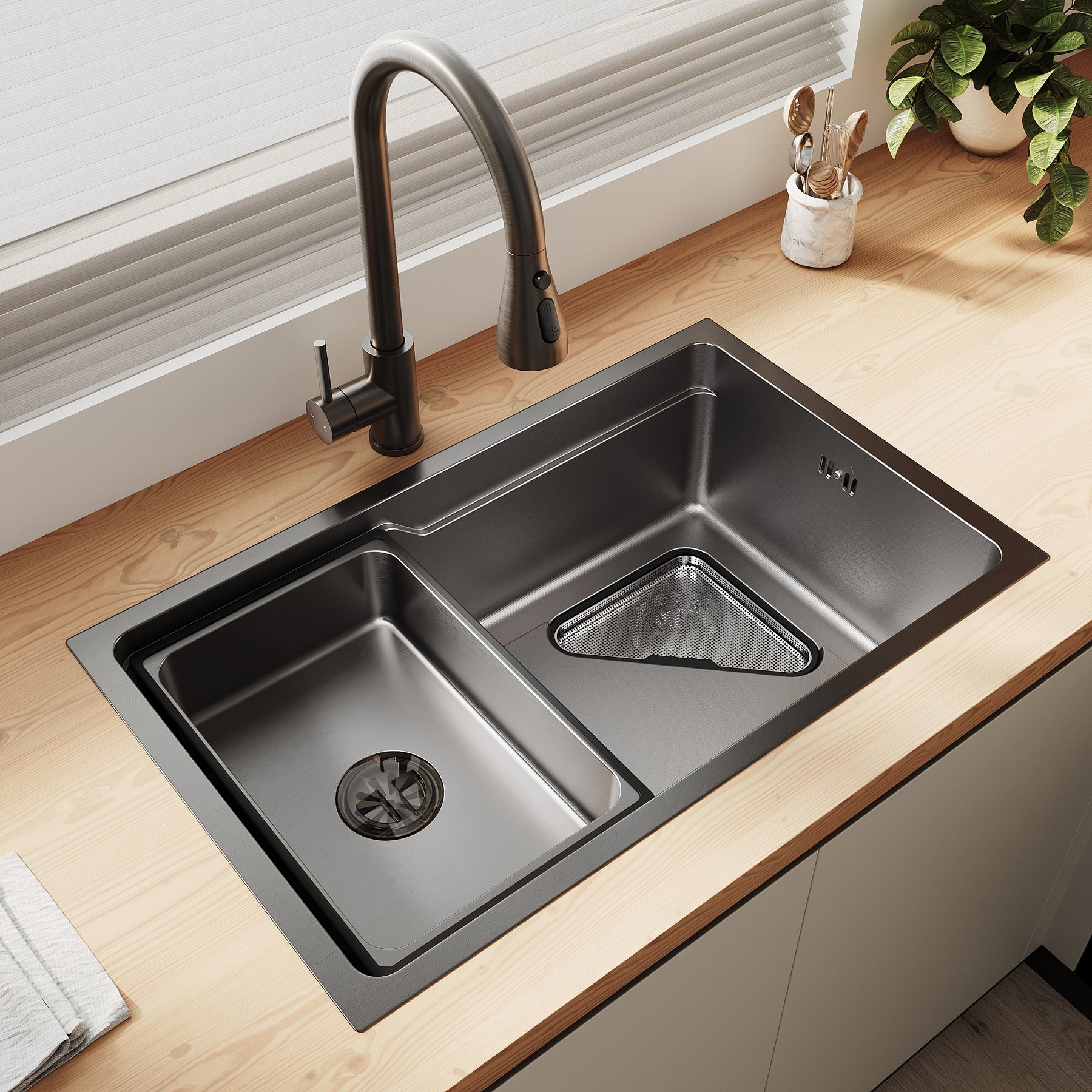 SONNI Waschbecken Küchenspüle 304 SUS Edelstahl, 70×43 cm, Einbauspüle mit 1 Becken,Wasserhahn,Unterbauspüle, mit Abtropfkorb und Dreieckigem Abfallsieb, Schmale Seite