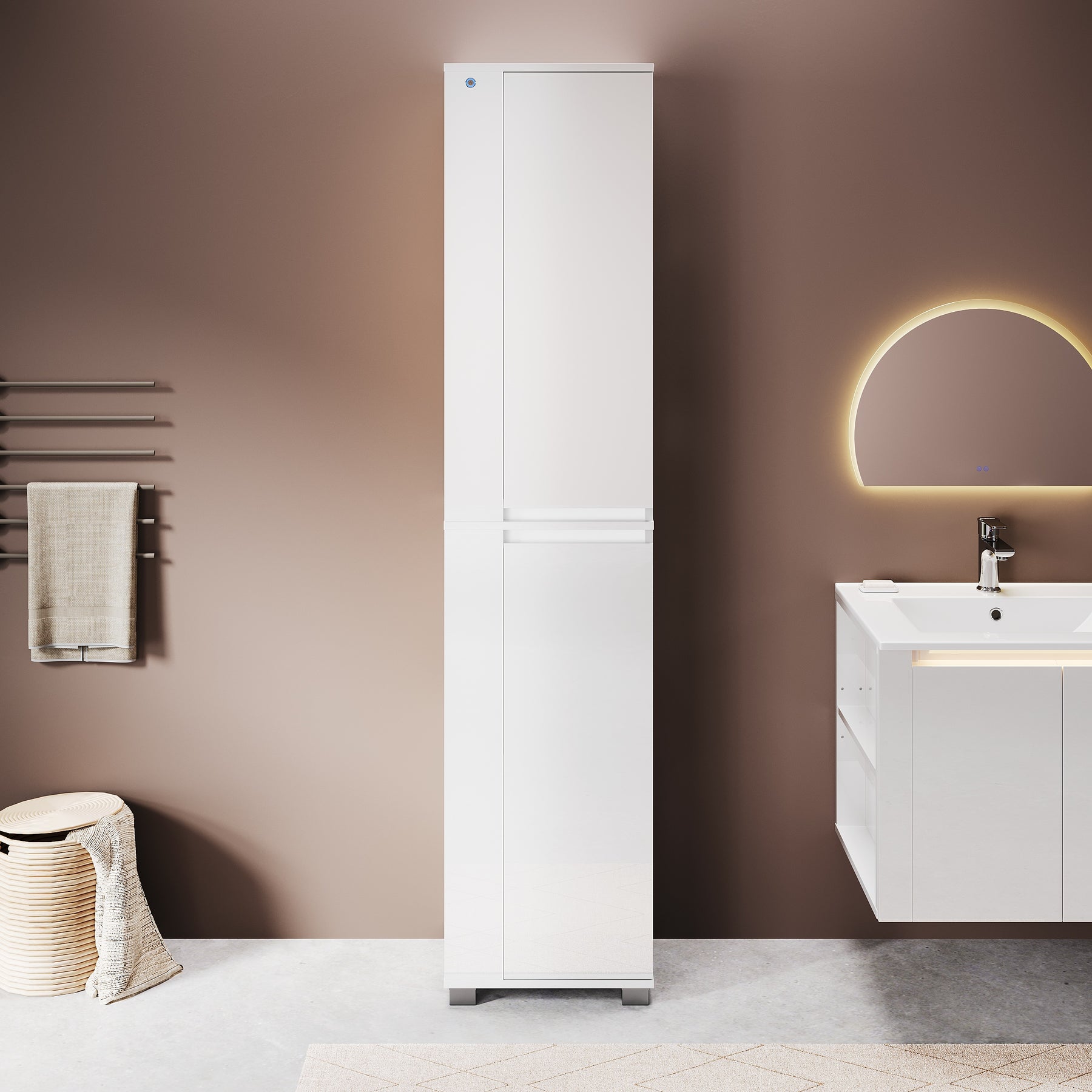 SONNI Badezimmerschrank mit Touch-LED-Beleuchtung, weißer Unterschrank mit 2 rechts öffnenden Türen und verstellbaren Einlegeböden, Geschlossen & Offenes Fach