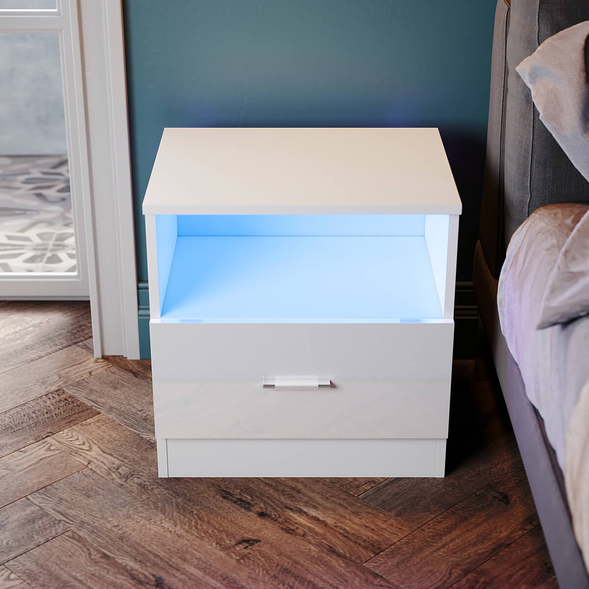 SONNI LED Nachttische mit Schublade Weiß Hochglanz Kommode Schlafzimmermöbel 450x350x465mm - Sonni Sanitär GmbH