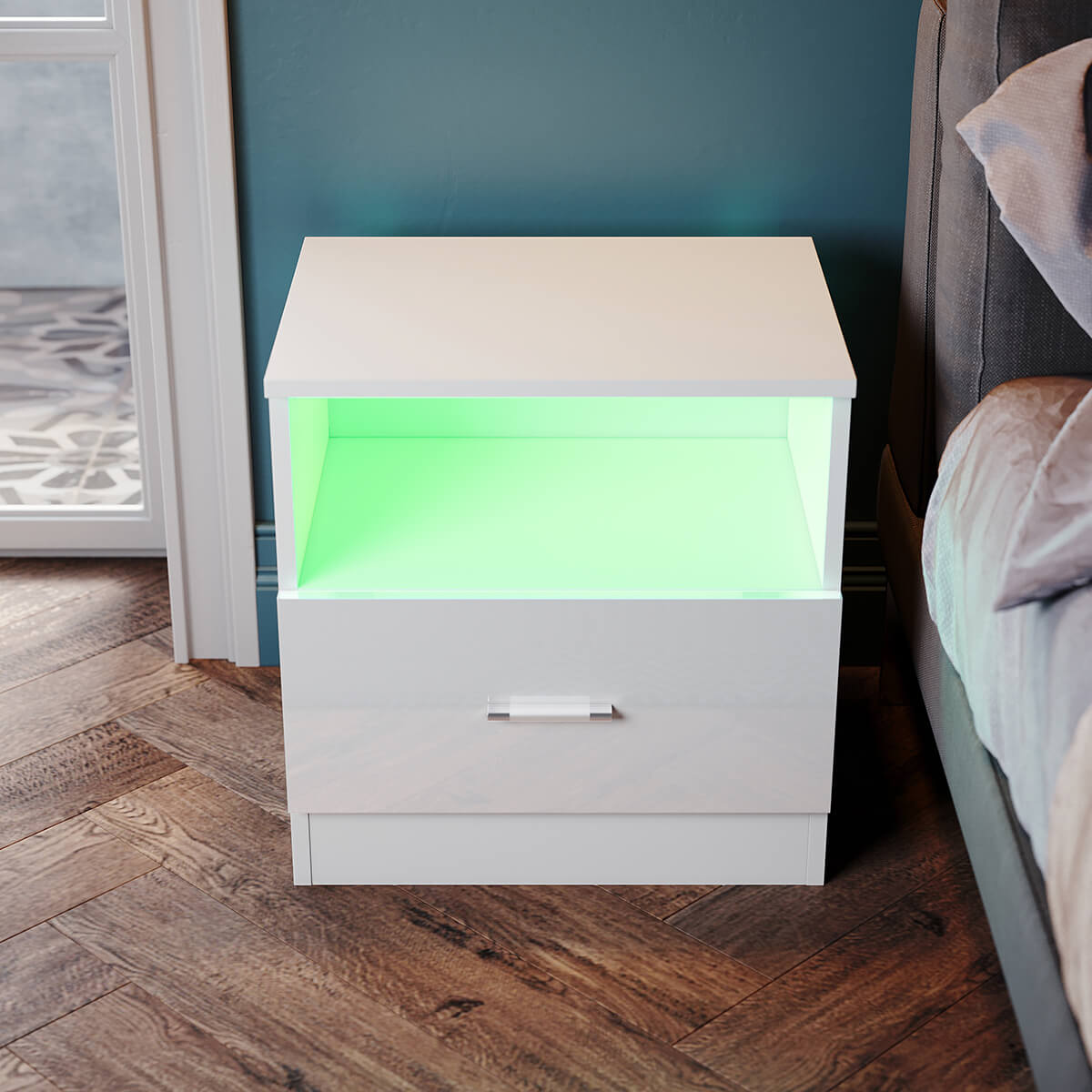 SONNI LED Nachttische mit Schublade Weiß Hochglanz Kommode Schlafzimmermöbel 450x350x465mm - Sonni Sanitär GmbH