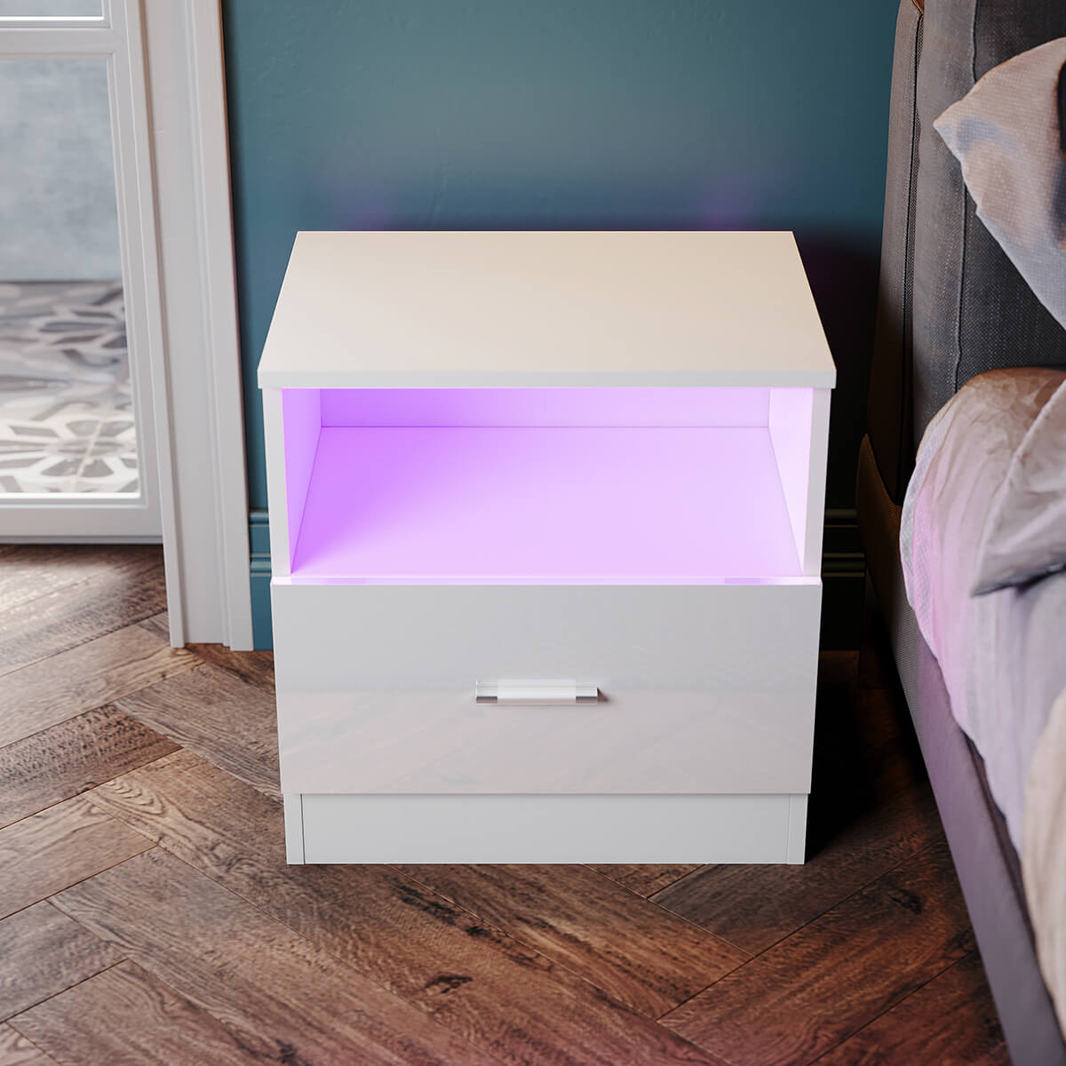 SONNI LED Nachttische mit Schublade Weiß Hochglanz Kommode Schlafzimmermöbel 450x350x465mm - Sonni Sanitär GmbH