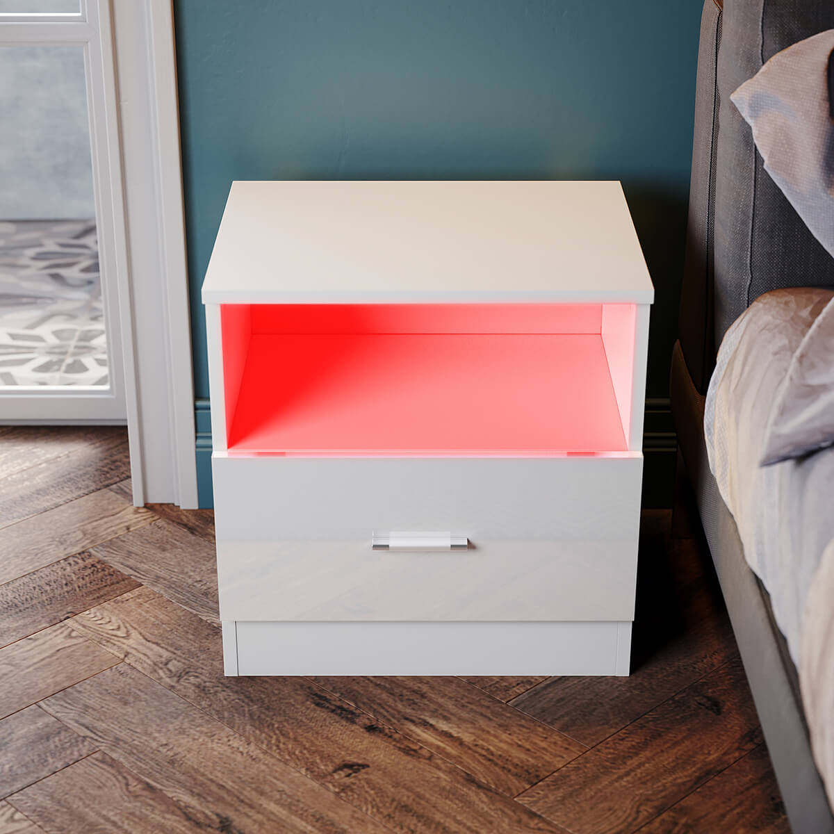 SONNI LED Nachttische mit Schublade Weiß Hochglanz Kommode Schlafzimmermöbel 450x350x465mm - Sonni Sanitär GmbH