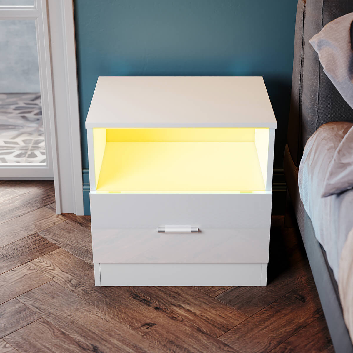 SONNI LED Nachttische mit Schublade Weiß Hochglanz Kommode Schlafzimmermöbel 450x350x465mm - Sonni Sanitär GmbH