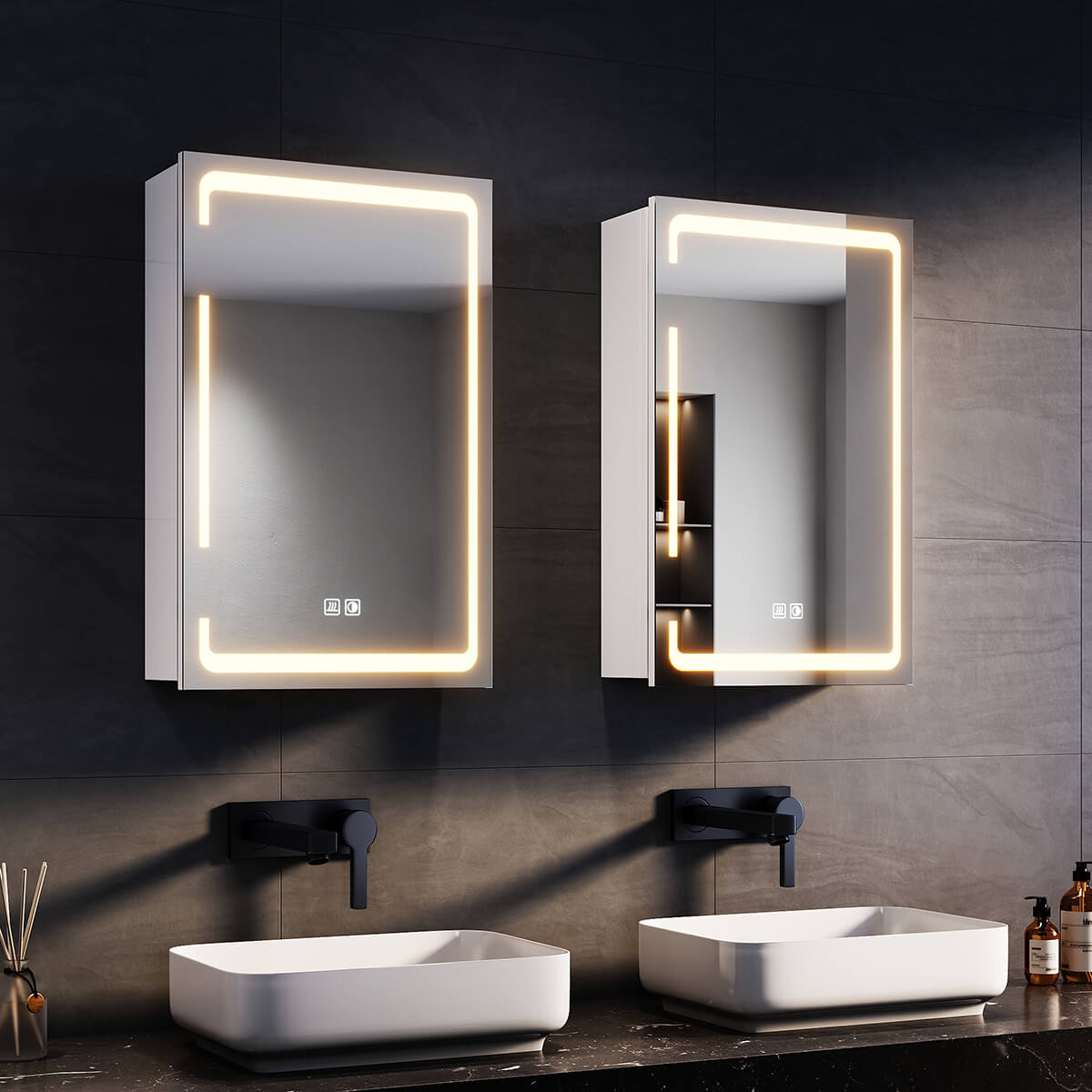 SONNI Spiegelschrank Bad mit Beleuchtung, 3 Lichtfarbe Einstellbar und Beschlagfrei LED Badezimmerschrank mit Kabelloses Scharnier Design Medizinschrank - Sonni Sanitär GmbH