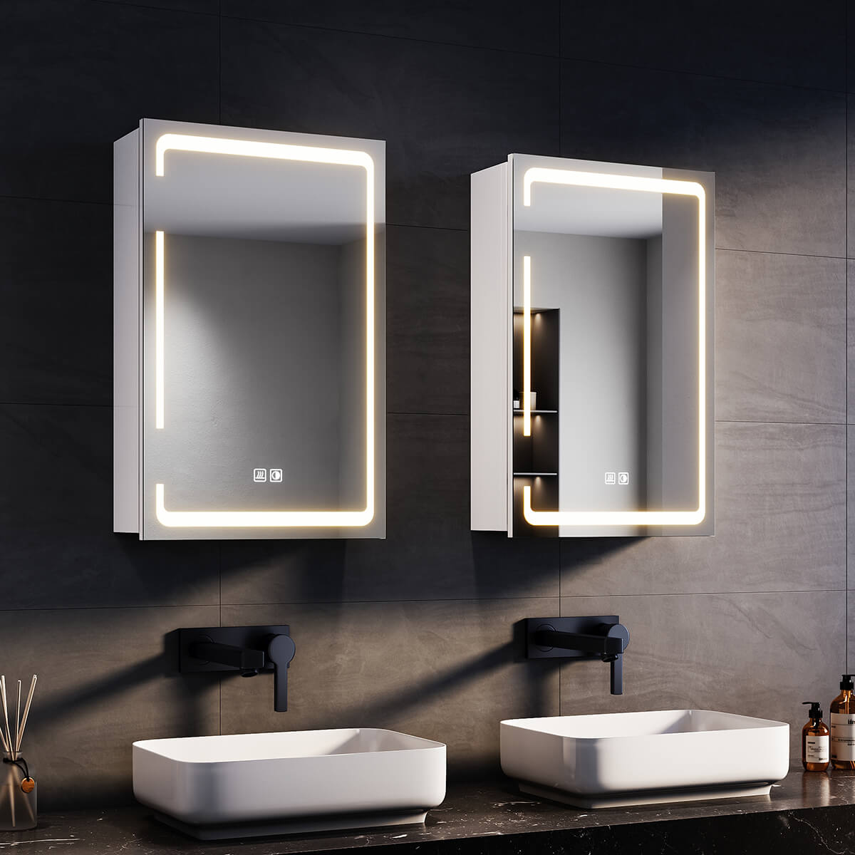 SONNI Spiegelschrank Bad mit Beleuchtung, 3 Lichtfarbe Einstellbar und Beschlagfrei LED Badezimmerschrank mit Kabelloses Scharnier Design Medizinschrank - Sonni Sanitär GmbH
