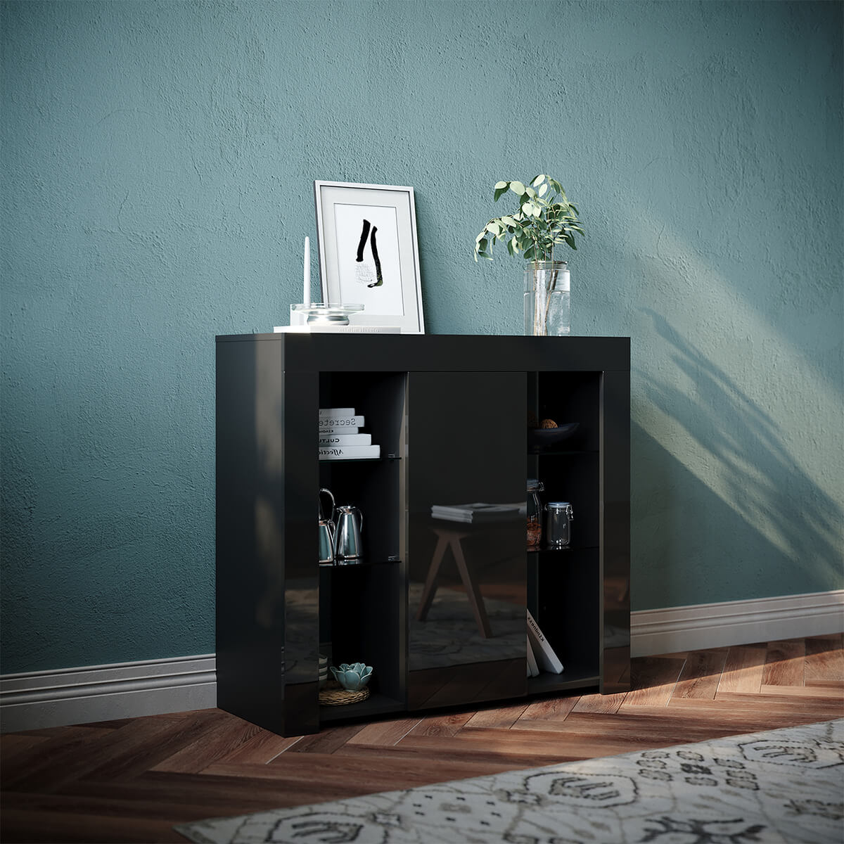 SONNI Kommode Sideboard mit LED Beleuchtung Schwarz Hochglanz Wohnzimmermöbel Wohnzimmerschrank Standschrank