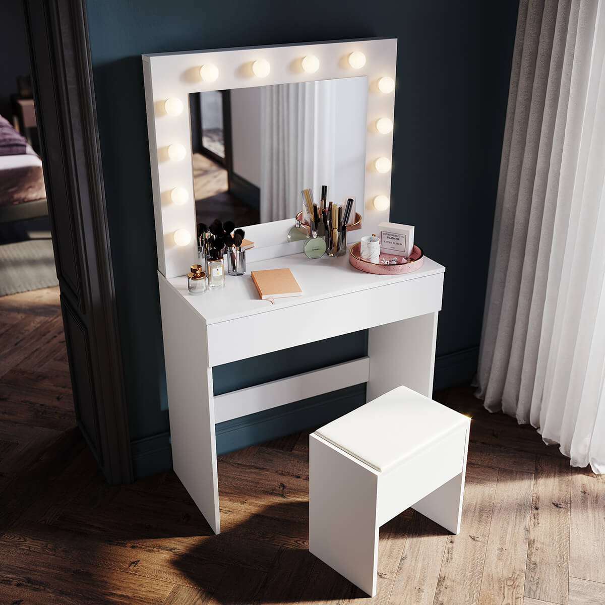 SONNI Schminktisch mit Hocker Spiegel, Kosmetiktisch mit Schubladen für Schlafzimmer, Frisiertisch Schreibtisch aus MFC und Massivholz, Kinderleichte Montage, Weiß - Sonni Sanitär GmbH