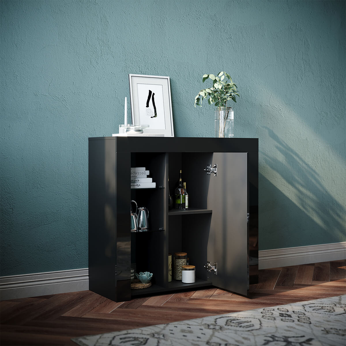 SONNI Kommode Sideboard mit LED Beleuchtung Schwarz Hochglanz Wohnzimmermöbel Wohnzimmerschrank Standschrank