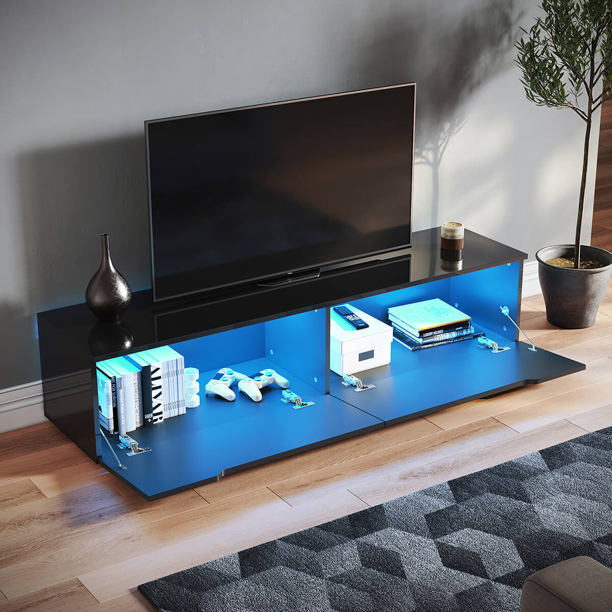 SONNI Lowboard,TV Board weiß/Schwarz hochglänzend hängend TV Schrank mit LED-Beleuchtung (12 Farben einstellbar), griffloses Design