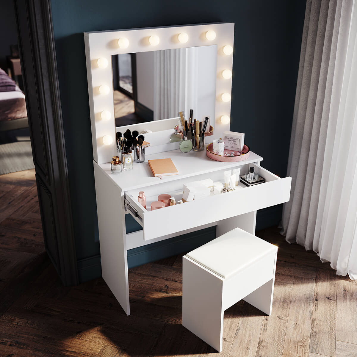 SONNI Schminktisch mit Hocker Spiegel, Kosmetiktisch mit Schubladen für Schlafzimmer, Frisiertisch Schreibtisch aus MFC und Massivholz, Kinderleichte Montage, Weiß - Sonni Sanitär GmbH