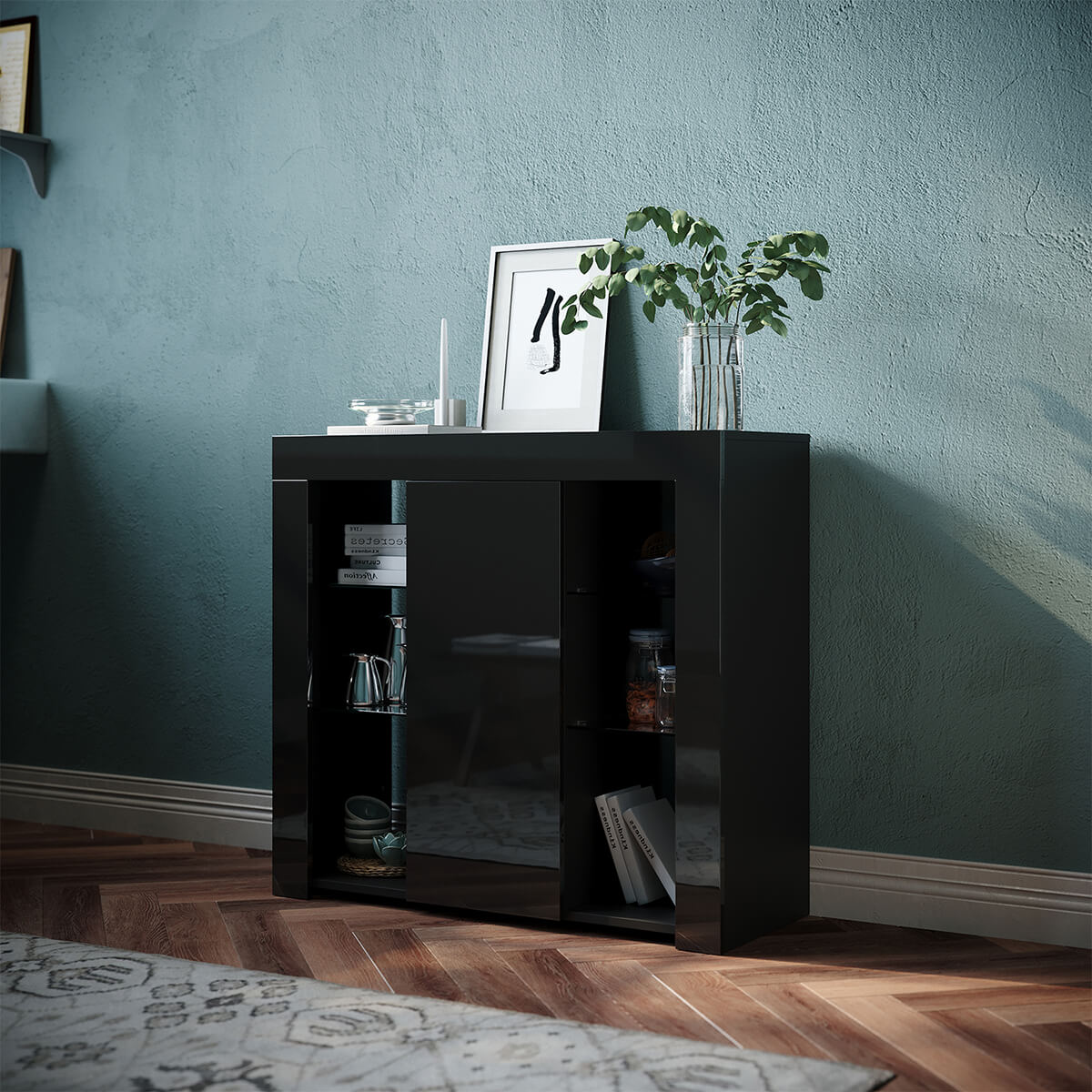 SONNI Kommode Sideboard mit LED Beleuchtung Schwarz Hochglanz Wohnzimmermöbel Wohnzimmerschrank Standschrank - Sonni Sanitär GmbH
