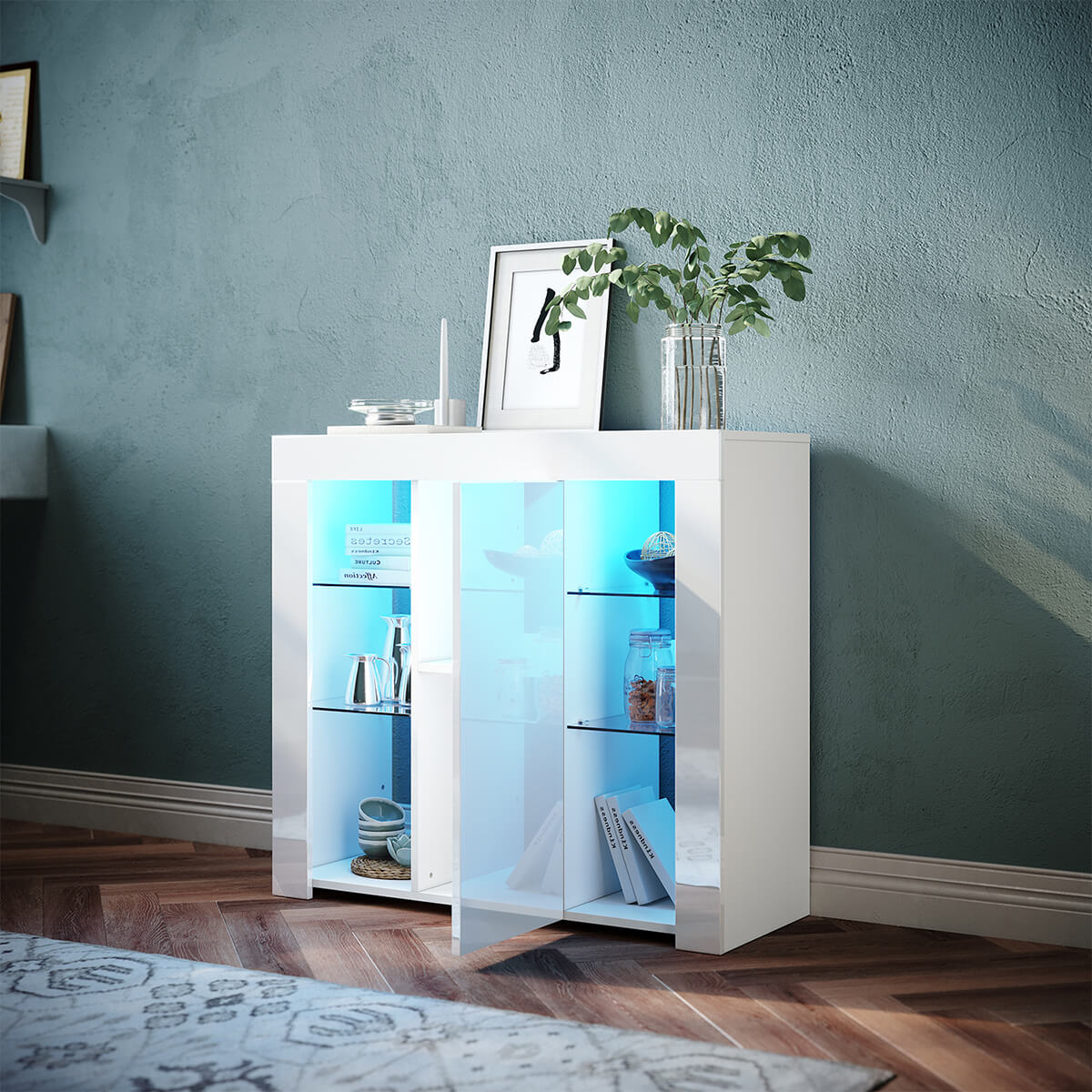 SONNI Sideboard, Küchenschrank, mit LED Beleuchtung(12 Farben können eingestellt Werden) Weiß Hochglanz Aufbewahrungsschrank, für Küche,Wohnzimmer,Esszimmer - Sonni Sanitär GmbH