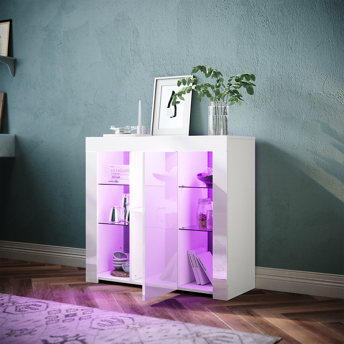 SONNI Sideboard, Küchenschrank, mit LED Beleuchtung(12 Farben können eingestellt Werden) Weiß Hochglanz Aufbewahrungsschrank, für Küche,Wohnzimmer,Esszimmer - Sonni Sanitär GmbH