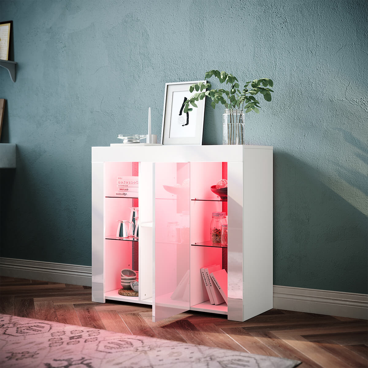 SONNI Sideboard, Küchenschrank, mit LED Beleuchtung(12 Farben können eingestellt Werden) Weiß Hochglanz Aufbewahrungsschrank, für Küche,Wohnzimmer,Esszimmer - Sonni Sanitär GmbH