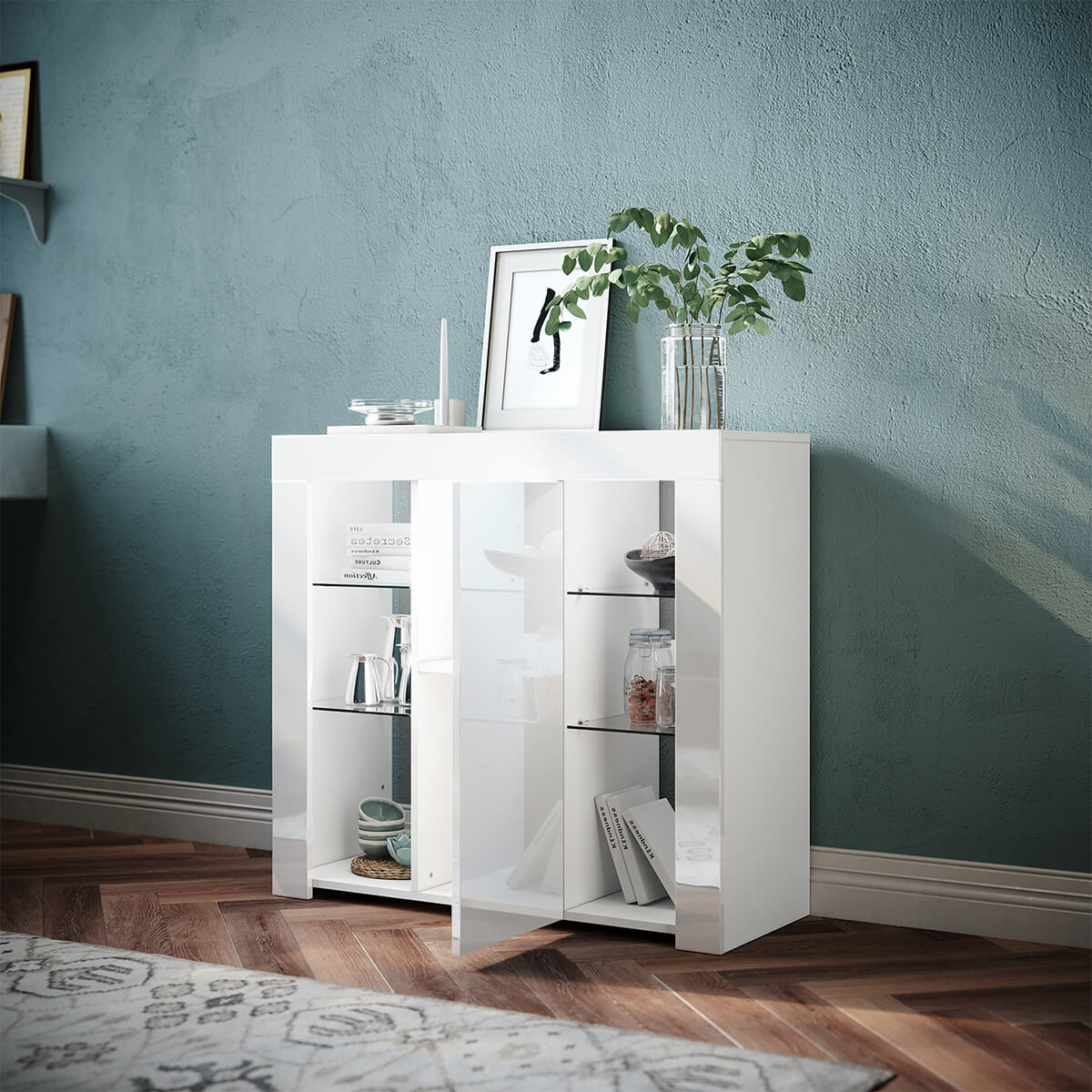 SONNI Sideboard, Küchenschrank, mit LED Beleuchtung(12 Farben können eingestellt Werden) Weiß Hochglanz Aufbewahrungsschrank, für Küche,Wohnzimmer,Esszimmer - Sonni Sanitär GmbH