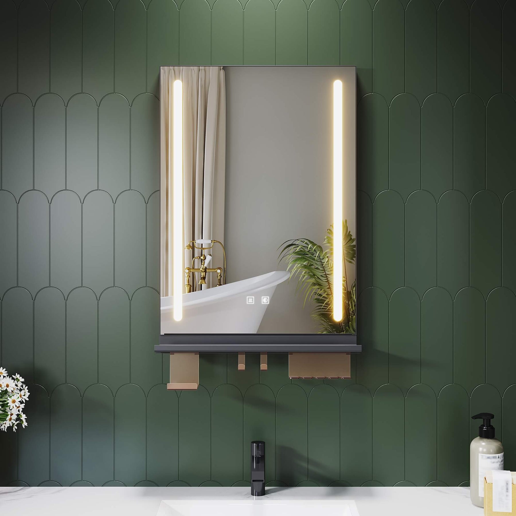 SONNI LED Badspiegel 50x70cm mit Ablage, Touch Badezimmerspiegel 3 Lichtfarben, Anti-Beschlag & Gedächtnisfunktion, Ablage mit Handyhalter + Haken + Zahnbürstenhalter + Becherhalter