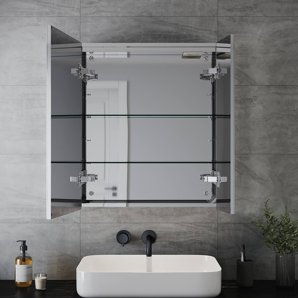 SONNI Spiegelschrank Bad mit Beleuchtung 70 x 60 cm IP44 Wasserciht Edelstahl LED doppeltürig Badezimmerschrank, mit Steckdose und Kippschalter für Badezimmer - Sonni Sanitär GmbH