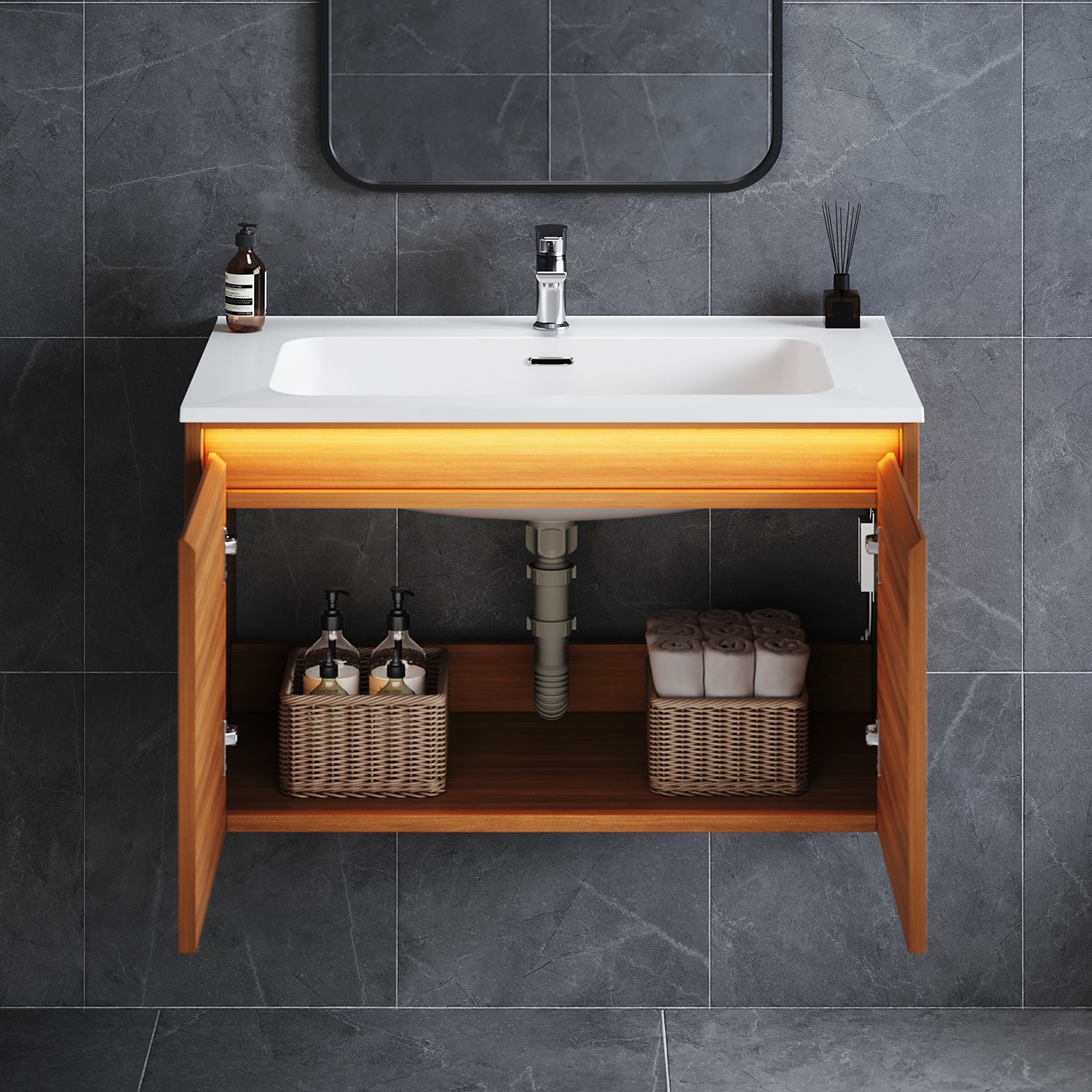 SONNI Waschtisch Badmöbel Set mit Quarz Kunststein Waschbecken, LED Sensorbeleuchtung Push Open Türen 79 x 49,5 x 45 cm