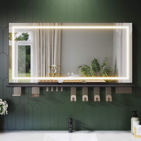 SONNI LED Badspiegel 120x60cm + Ablage, Touch Spiegel mit Beleuchtung, 3 Lichtfarben, Anti-Beschlag & Memory, Ablage mit Handyhalter + Haken + Zahnbürstenhalter + Becherhalter