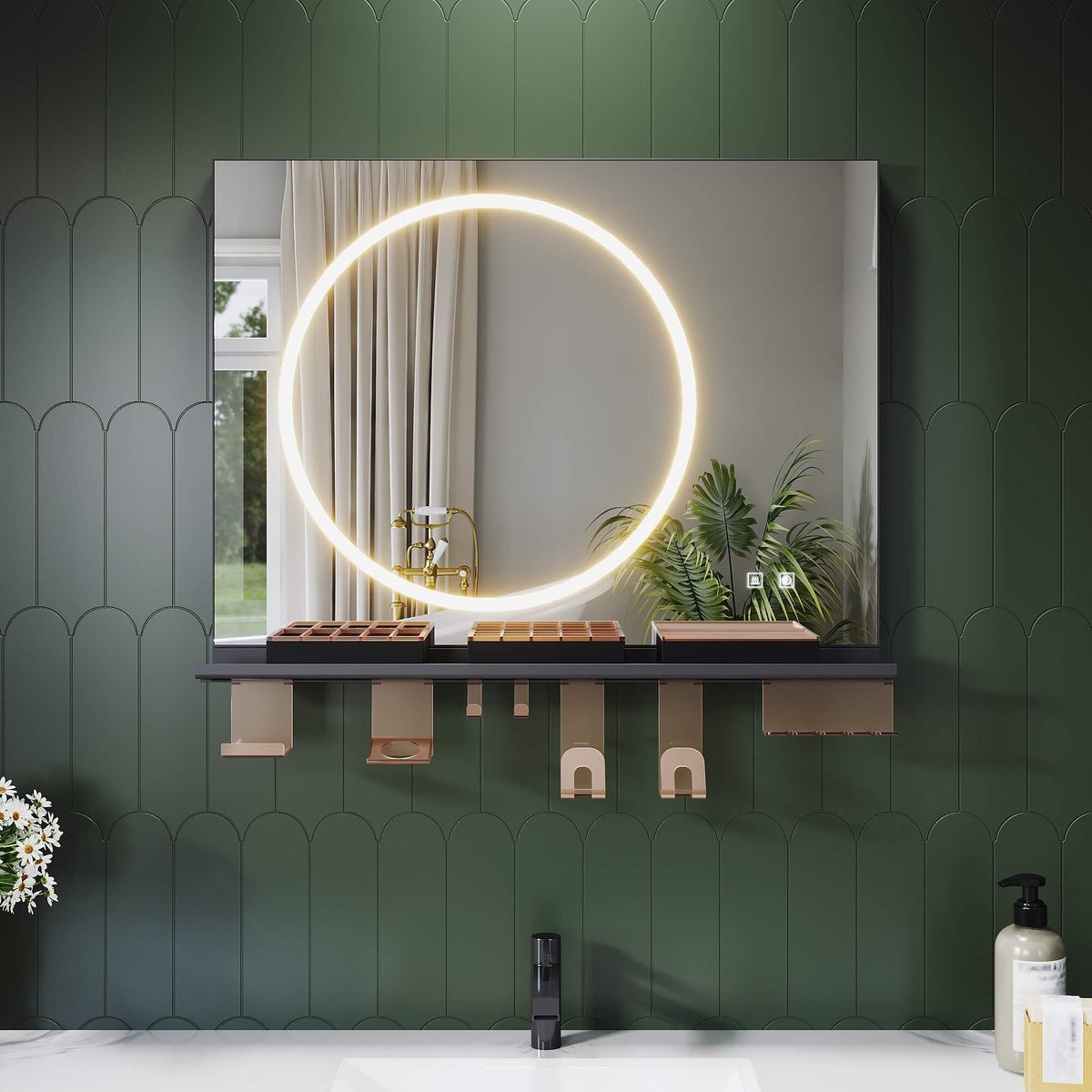 SONNI Badezimmerspiegel mit Beleuchtung 80x60 cm, LED Badspiegel mit Ablage , 3 einstellbare Lichtfarbe + Anti-Beschlag + Touchschalter, Ablage mit Handyhalter + Haken + Zahnbürstenhalter