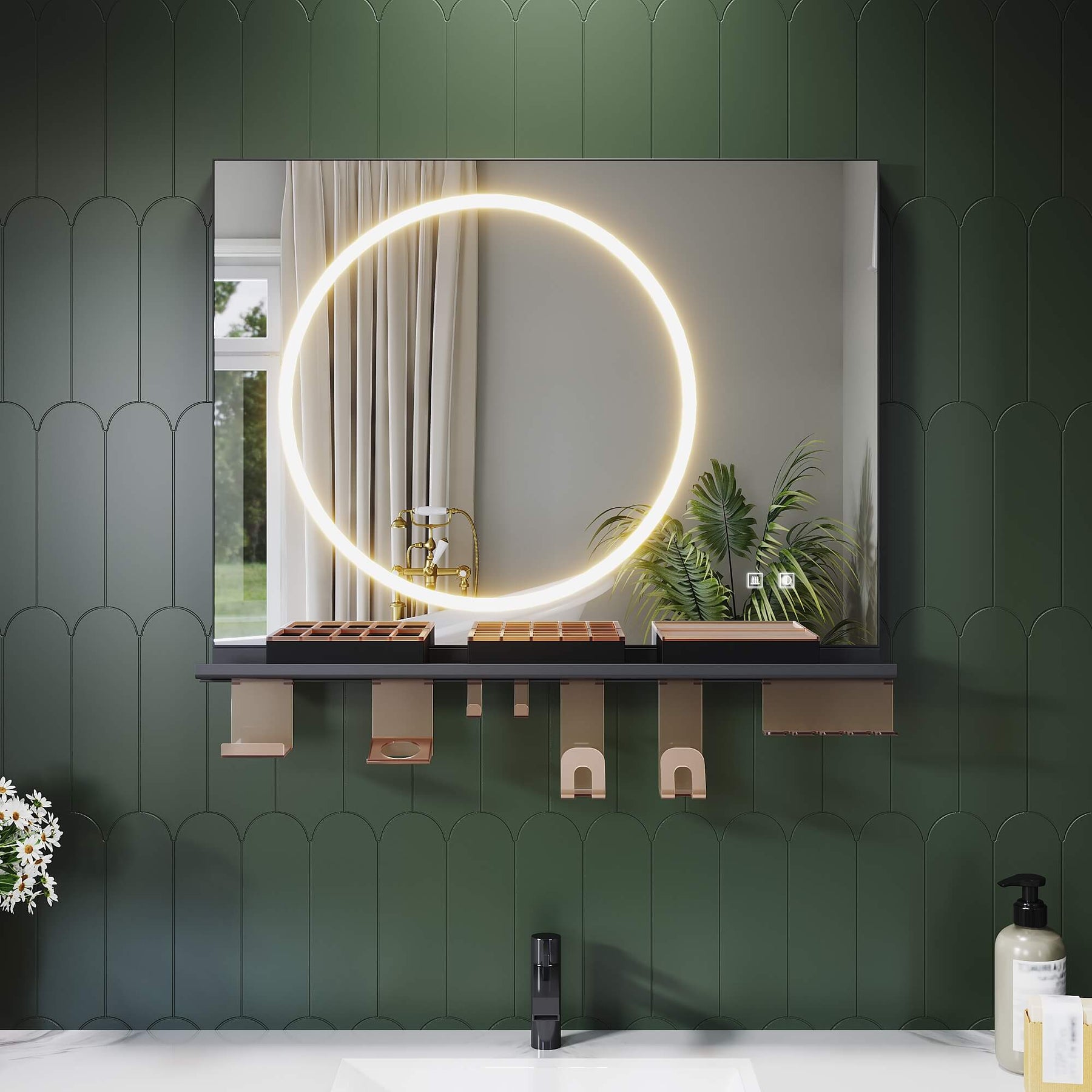 SONNI Badezimmerspiegel mit Beleuchtung 80x60 cm, LED Badspiegel mit Ablage , 3 einstellbare Lichtfarbe + Anti-Beschlag + Touchschalter, Ablage mit Handyhalter + Haken + Zahnbürstenhalter