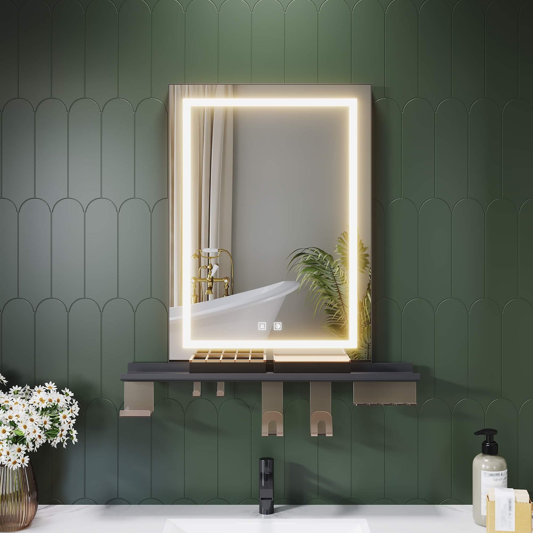 SONNI Badspiegel mit Beleuchtung 50x70cm mit Ablage, Touch Badezimmerspiegel 3 Lichtfarben, Anti-Beschlag & Gedächtnisfunktion