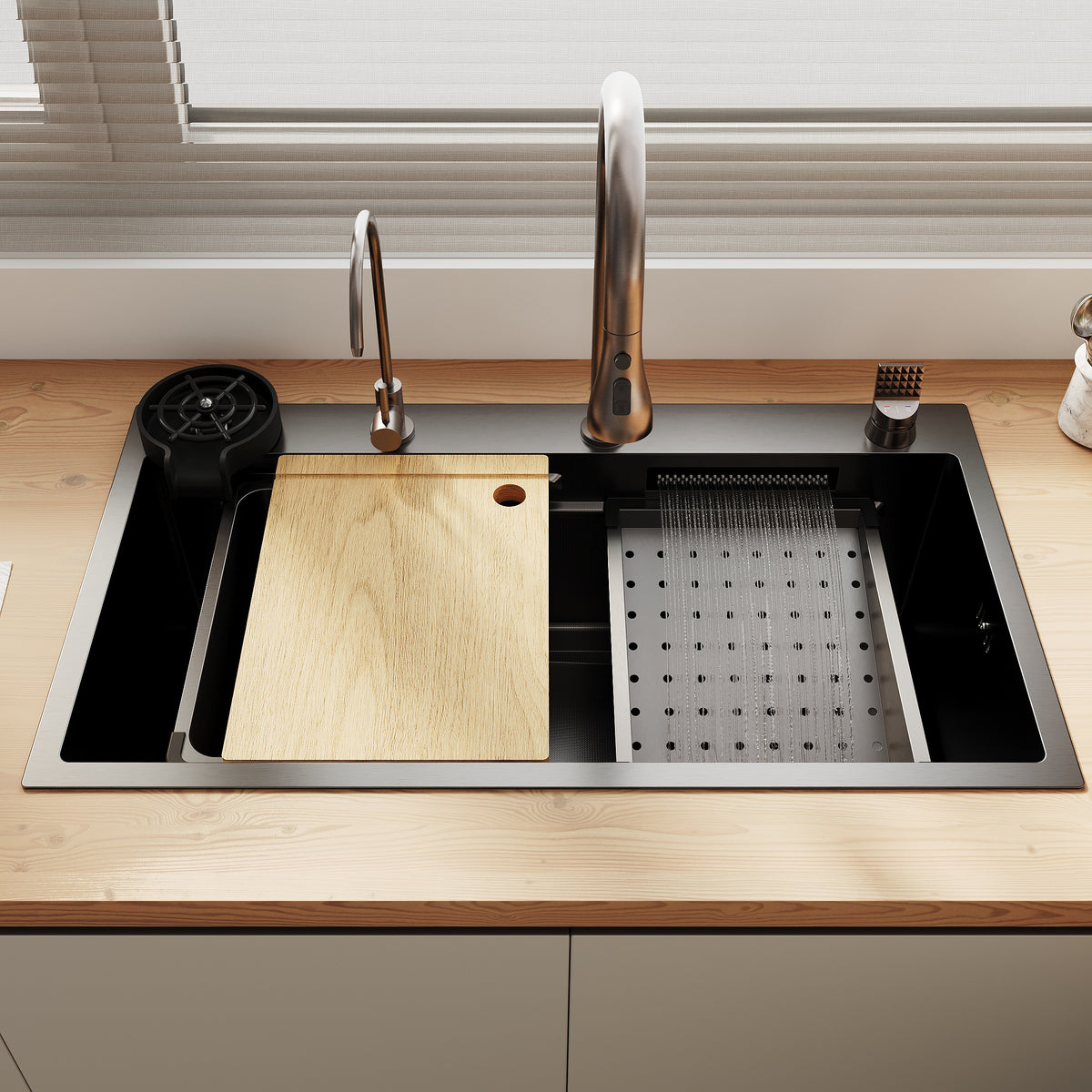 SONNI Spülbecken Einbauspüle Küchenspüle Waschbecken 304 SUS Edelstahl, Schwarz, 75/80×45×26 cm, Unterbauspüle mit 1 Becken, Abtropfkorb, Abfallsieb, Armatur, Schneidebrett, Tassenuntersetzer und Wasserfilterarmatur - Sonni Sanitär GmbH