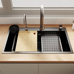SONNI Spülbecken Einbauspüle Küchenspüle Waschbecken 304 SUS Edelstahl, Schwarz, 75/80×45×26 cm, Unterbauspüle mit 1 Becken, Abtropfkorb, Abfallsieb, Armatur, Schneidebrett, Tassenuntersetzer und Wasserfilterarmatur - Sonni Sanitär GmbH
