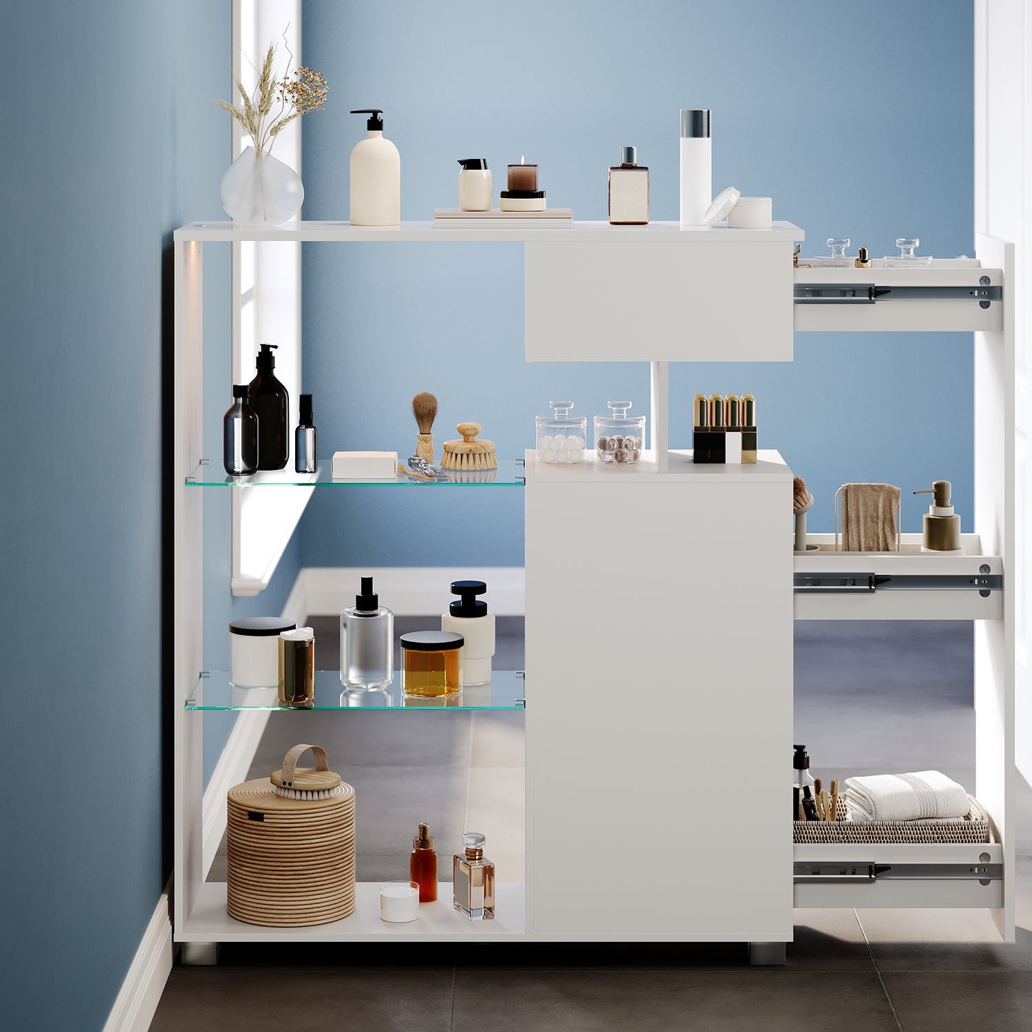 SONNI Badezimmerschrank mit LED-Sensor, Badschrank mit 3 Schubladen und linksseitigem Klappfach, Aufbewahrungsschrank 100 x 26 x 116 cm Weiß