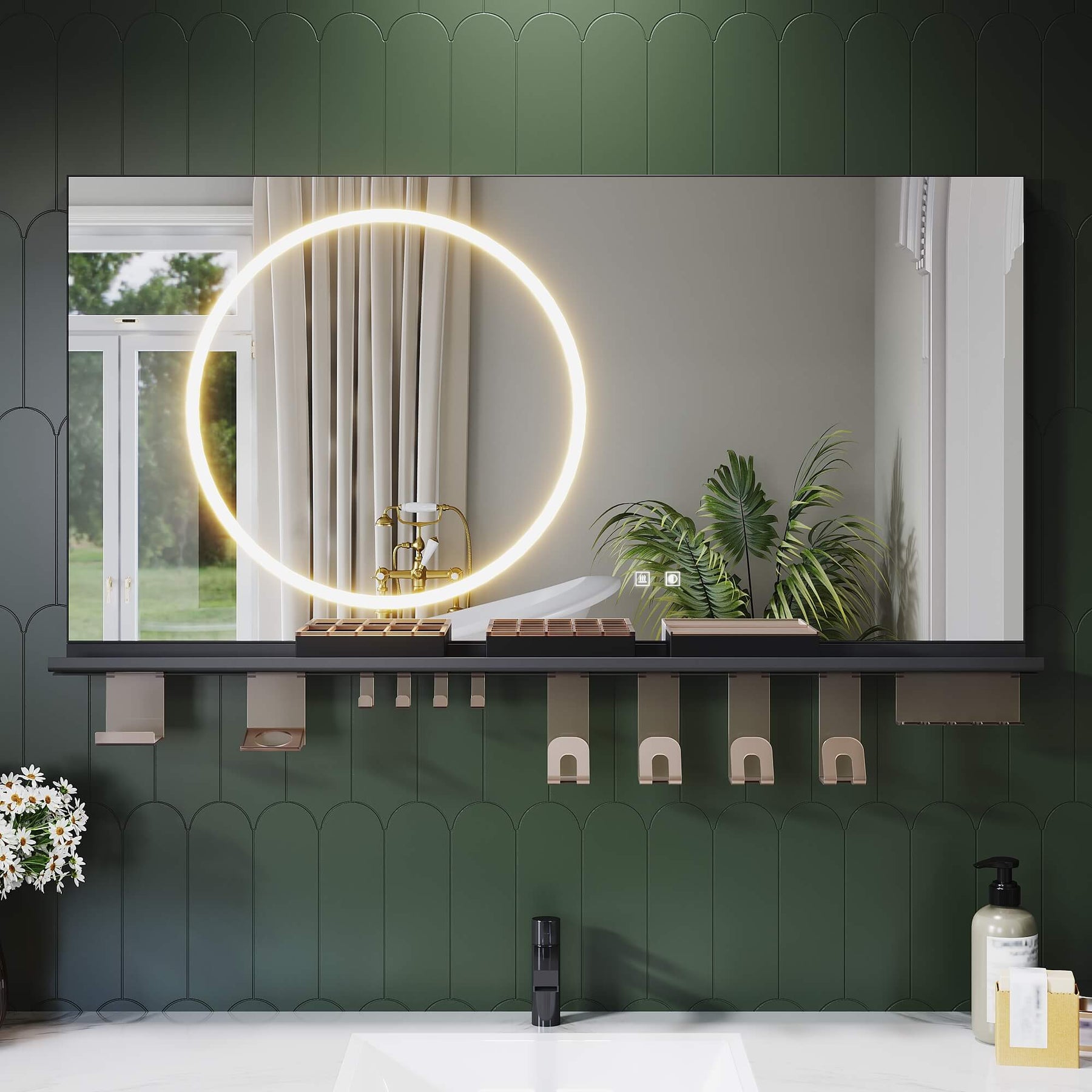 SONNI Badezimmerspiegel mit Beleuchtung 120x60 cm, LED Badspiegel mit Ablage, 3 einstellbare Lichtfarbe + Anti-Beschlag + Touchschalter, Ablage mit Handyhalter + Haken + Zahnbürstenhalte