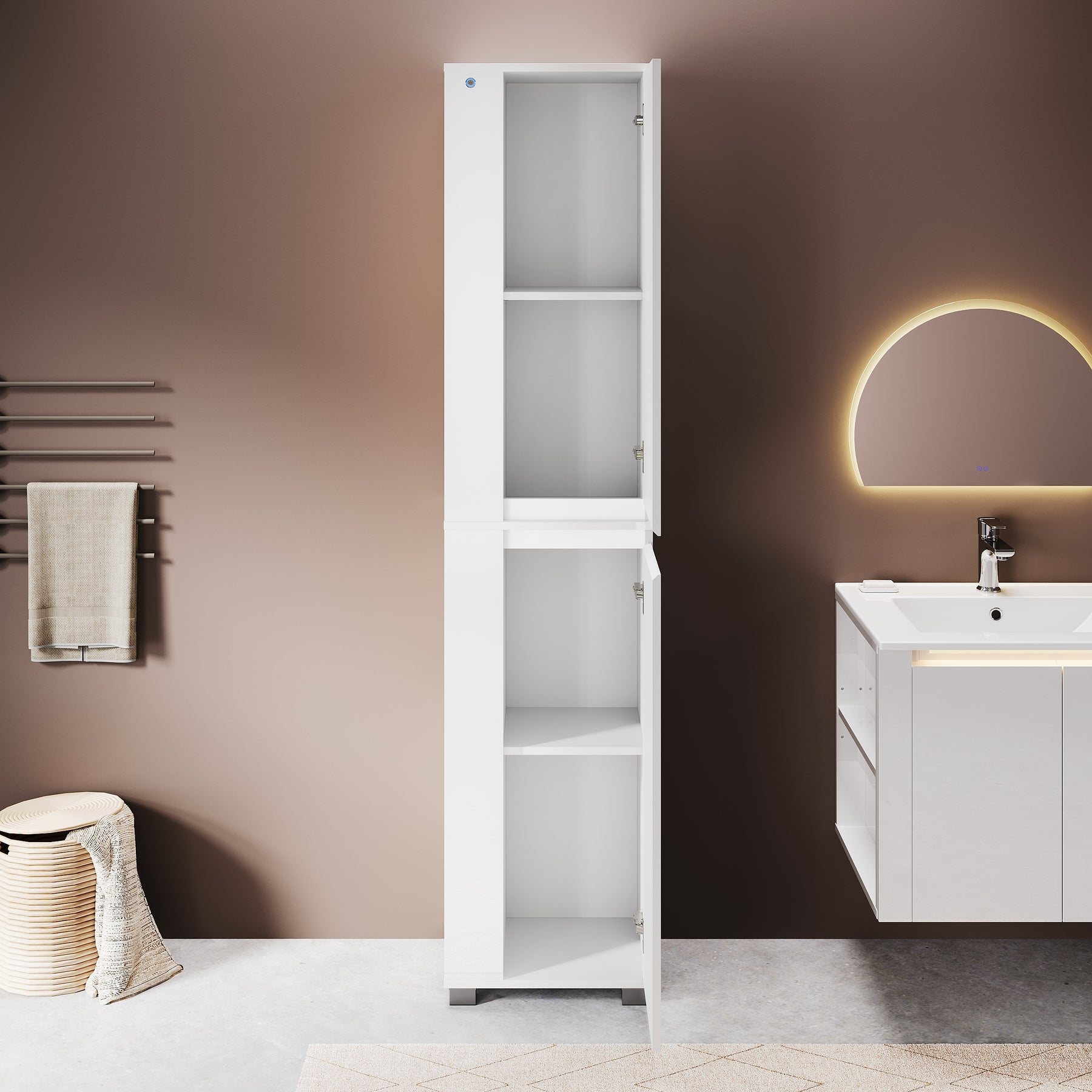 SONNI Badezimmerschrank mit Touch-LED-Beleuchtung, weißer Unterschrank mit 2 rechts öffnenden Türen und verstellbaren Einlegeböden, Geschlossen & Offenes Fach