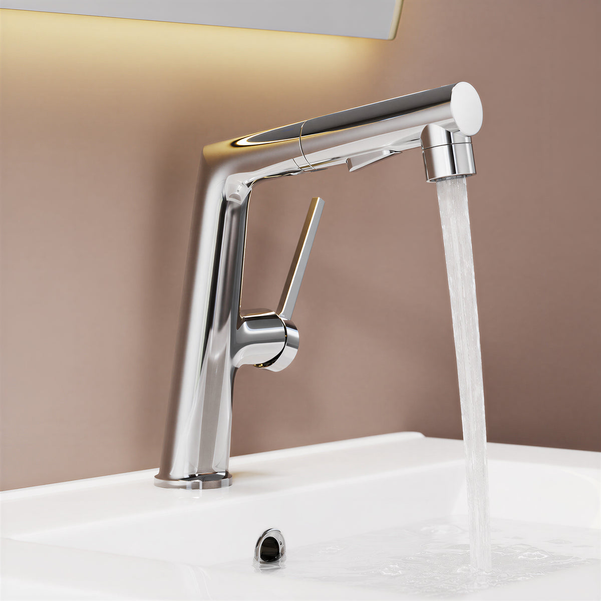 SONNI Waschtischarmatur verchromt, 3 Wasserauslassmodi Dualer Wasserfluss automatische Rückziehfunktion