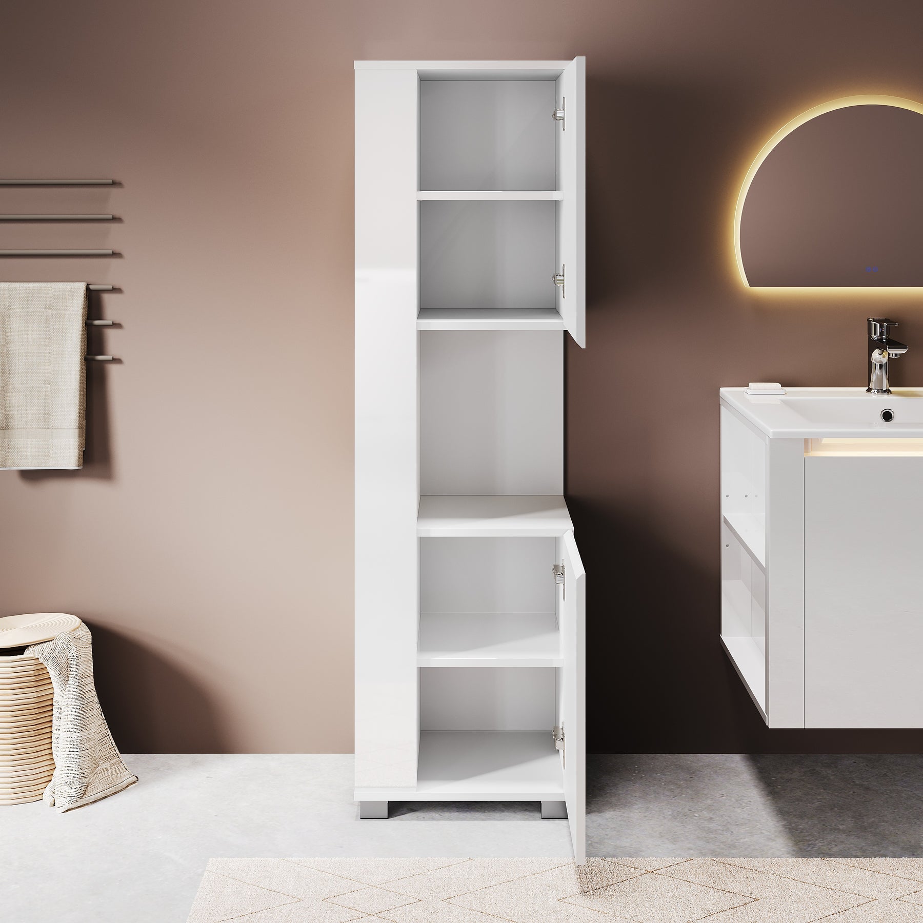 SONNI Badezimmerschrank mit Touch-LED-Beleuchtung, weißer Unterschrank mit 2 rechts öffnenden Türen und verstellbaren Einlegeböden, Geschlossen & Offenes Fach